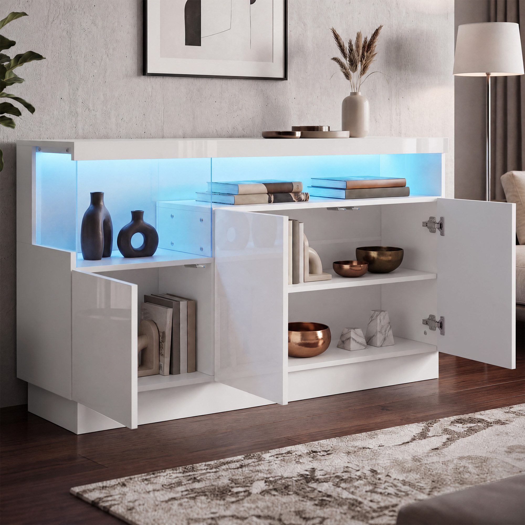 Merax Sideboard hochglanz Wohnzimmerschrank mit LED inkl. APP Steuerung (1 St., Aufbewahrungsschrank Anrichte Buffetschrank), Kommode mit 3 Türen, Acryl Displayfach & Stauraum, 140x36x80cm