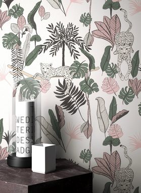Newroom Vliestapete, Creme Tapete Modern Dschungel - Mustertapete Dschungeltapete Rosa Grün Tropisch Floral Blätter Leoepard für Wohnzimmer Schlafzimmer Küche