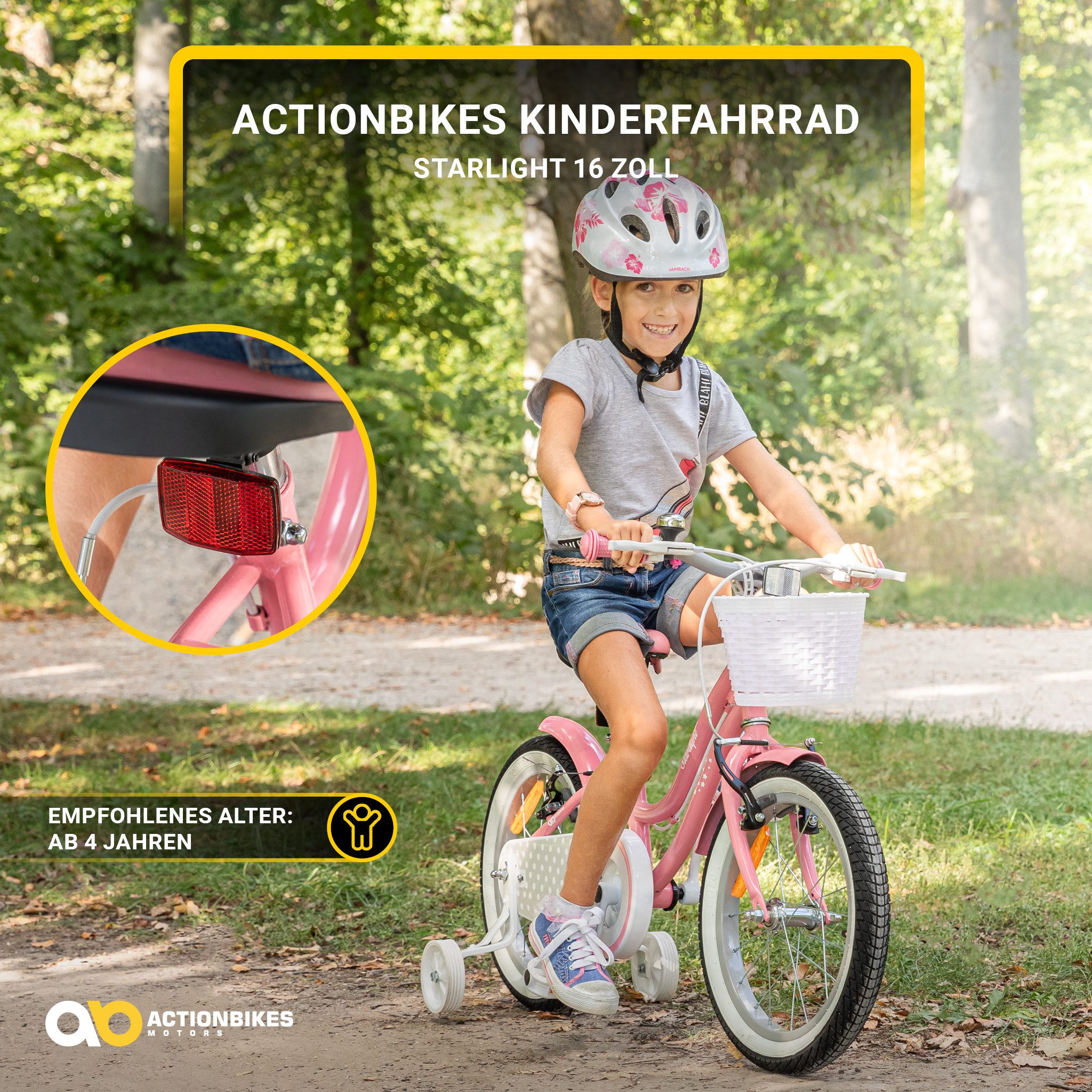 Actionbikes Motors Kinderfahrrad Starlight inkl. Fahrradkorb, 1 Gang, (Kinder Fahrrad, Fahrrad für Kinder, Fahrrad b 4 Jahre, V-Brake-Bremse, Fahrradständer, 20 Zoll, 16 Zoll & 12 Zoll), höhenverstellbares Bike Mädchen Rad Kinderrad ab 4 Jahre