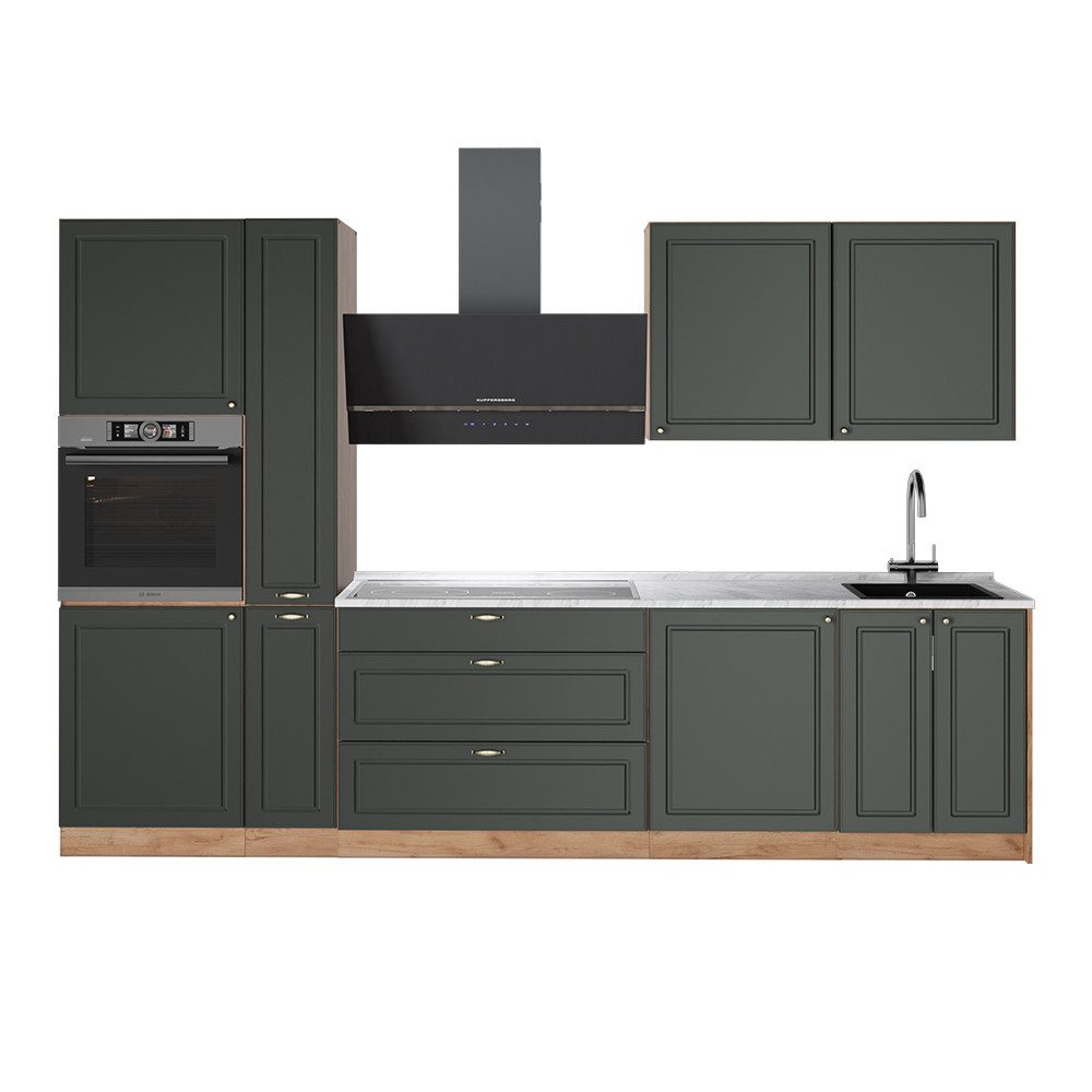Vicco Küchenzeile Fame-Line, Grün-Gold Landhaus/Goldkraft Eiche, 310 cm, AP Marmor