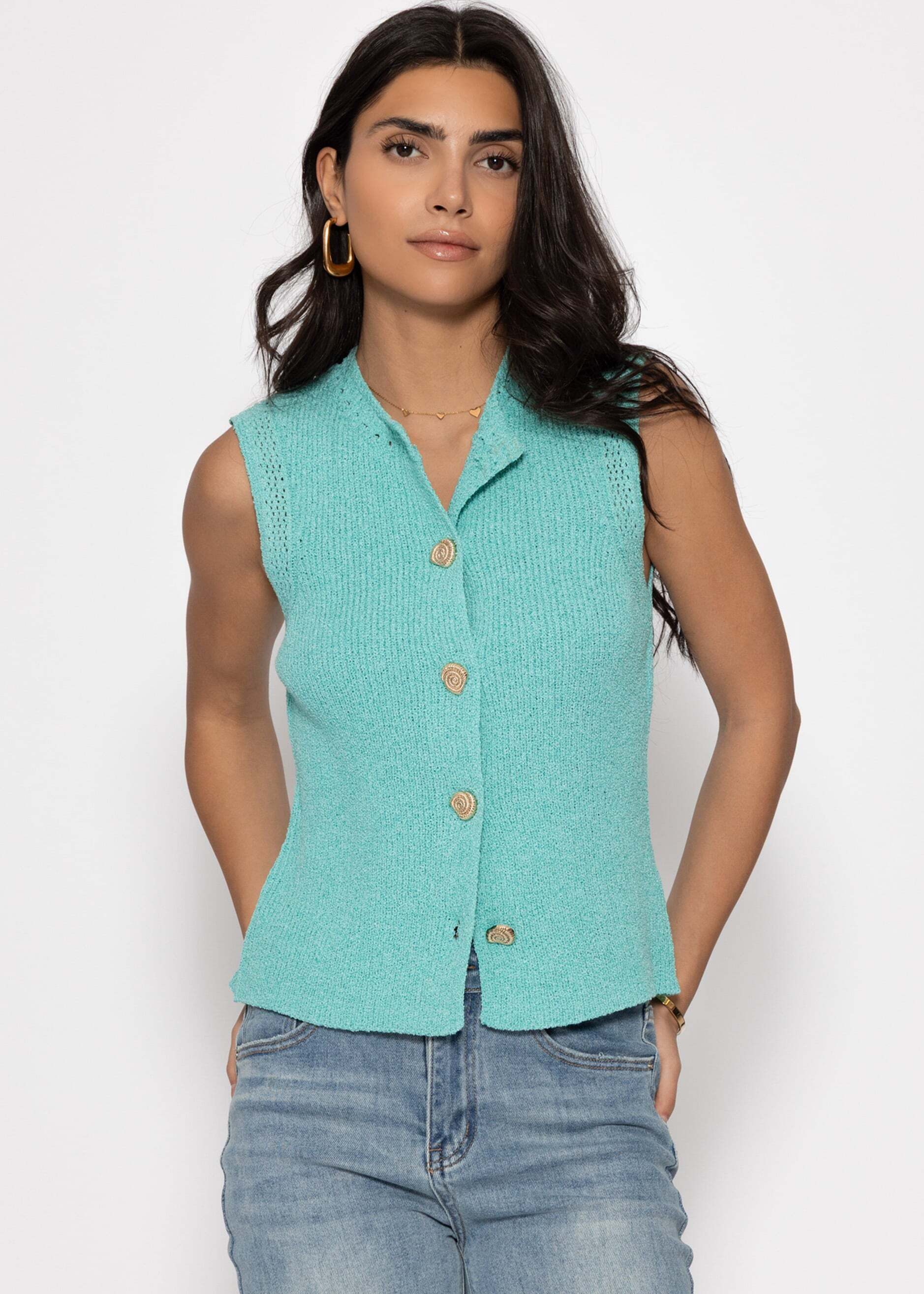 SASSYCLASSY Stricktop Strick Top mit Muschelknöpfen für Damen Ärmelloses Top mit Rundhalsausschnitt und Lochstrick Details