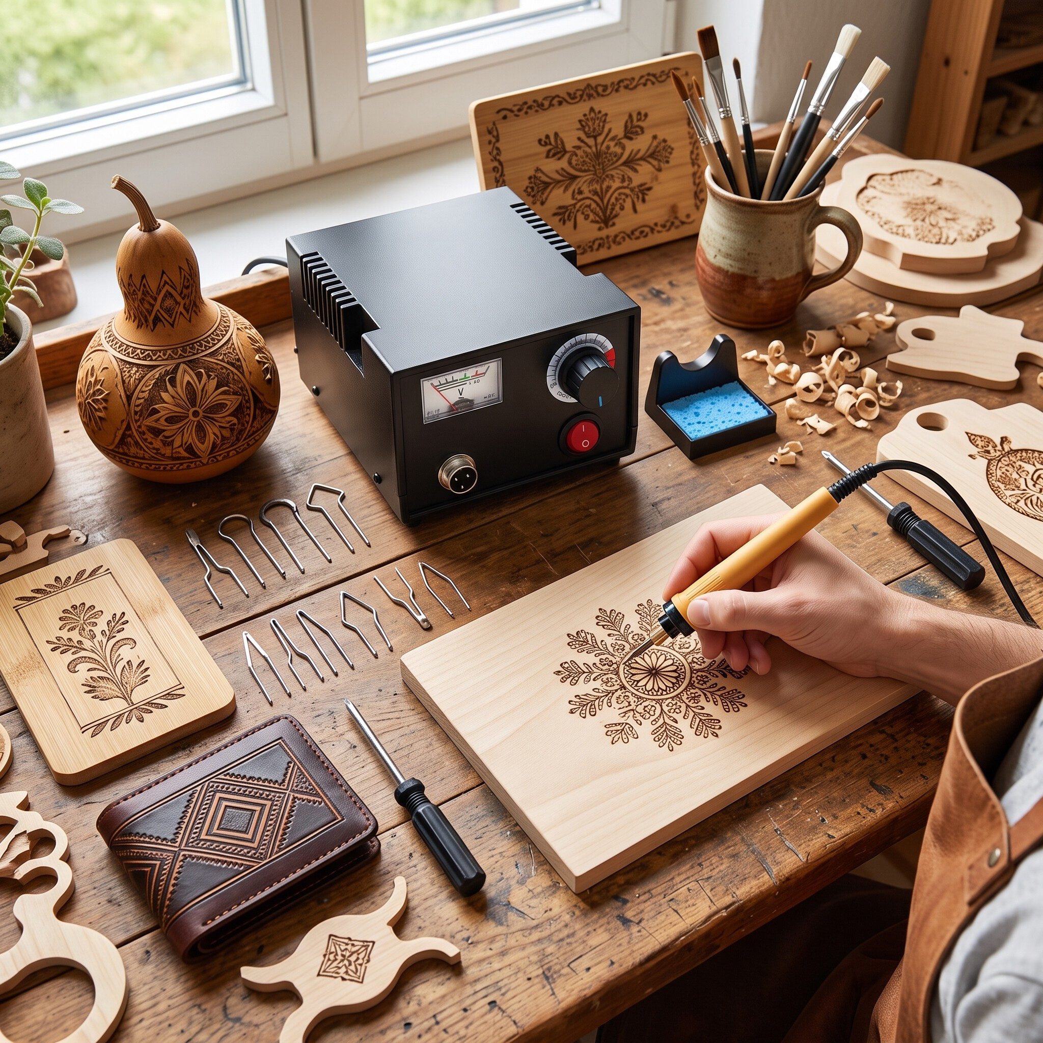 GARRYFIZH Kreativset Brandmalerei Einstellbare Temperatur Pyrographiegerät, Brennkolben-Set mit 10 Drahtspitzen