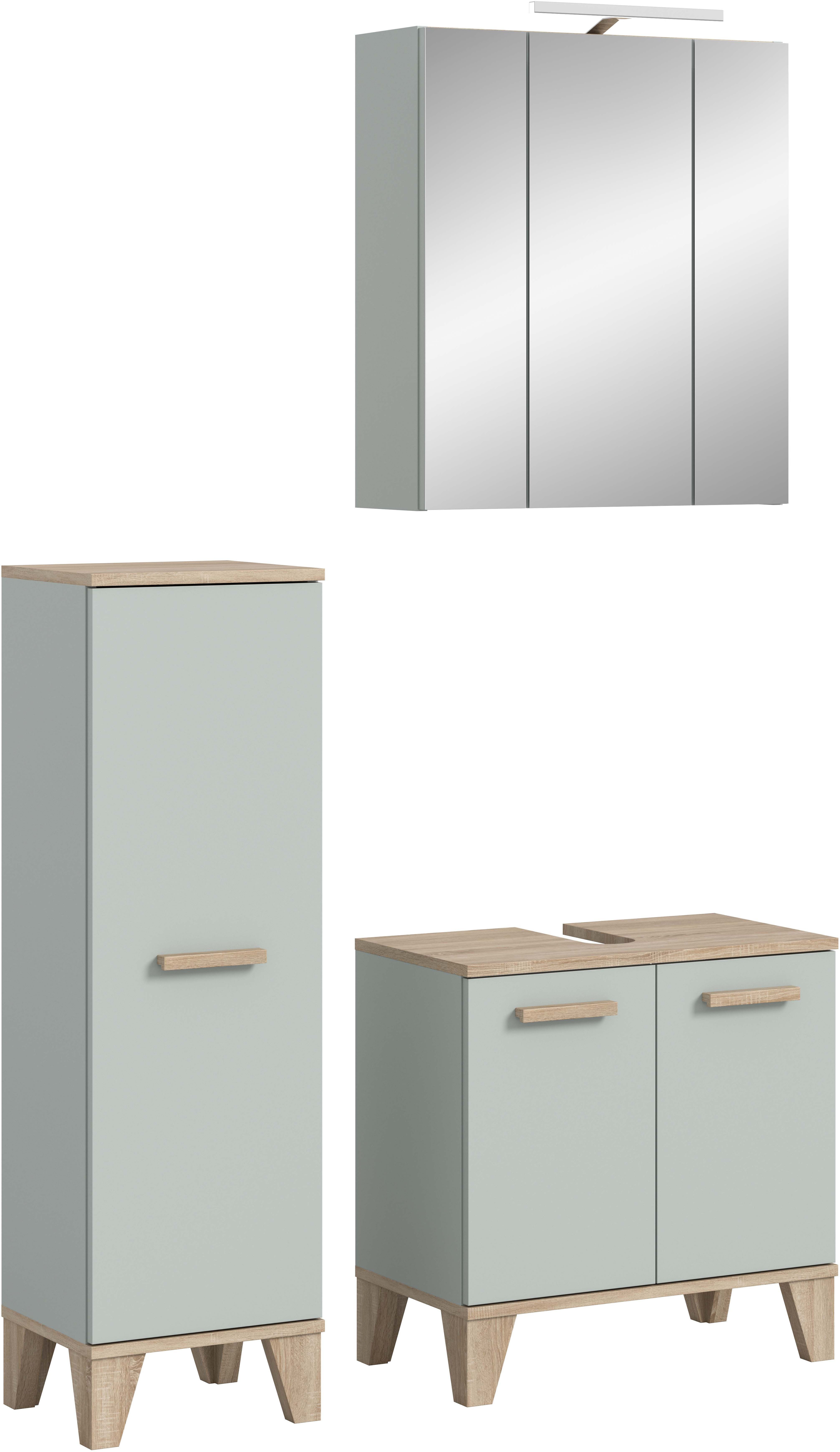 welltime Badmöbel-Set MINTTU, 3-teilige moderne Badkombi im SCANDI-Look, inkl. Beleuchtung, (3-St., bestehend aus: Midischrank, Waschbeckenunterschrank & Spiegelschrank), Bad-Kombination, Bad-Möbel, Badezimmer, Kombination, Kombi, Bad-Set
