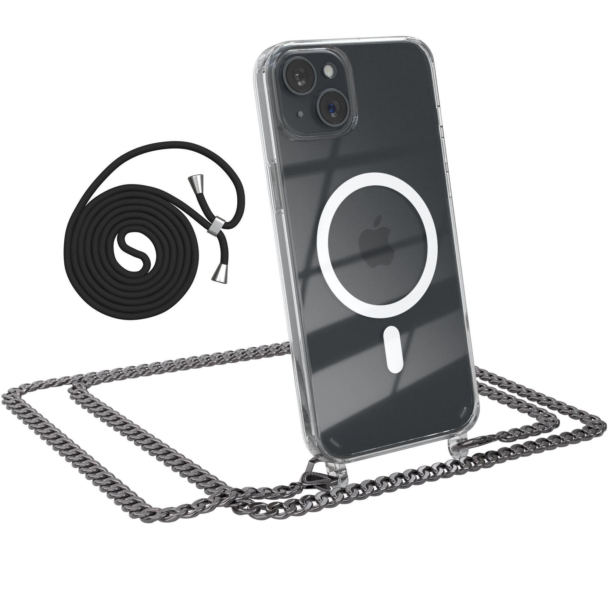 EAZY CASE Handykette 2in1 Metallkette Magsafe Hülle für iPhone 15 Plus 6,7 Zoll, Handykordel Metall Kette zum Umhängen Magsafe Schutzhülle Anthrazit