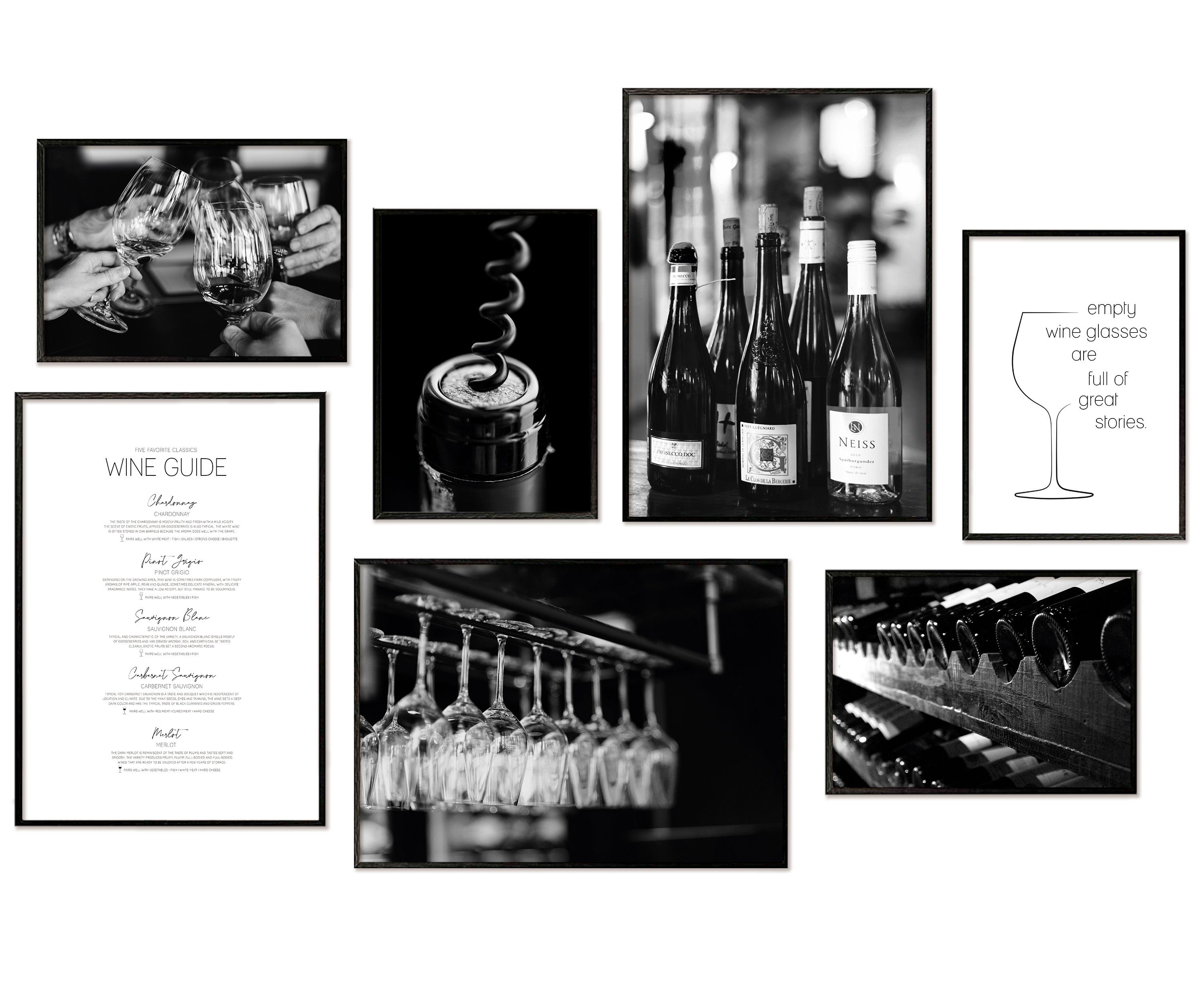 Hyggelig Home Плакат Wein, Premium Плакат Set OHNE & MIT Rahmen - 7 Wandbilder schwarz weiß, Genuss (Set, 7 St), Collage Wine Guide, Qualitätsdruck dickes Papier