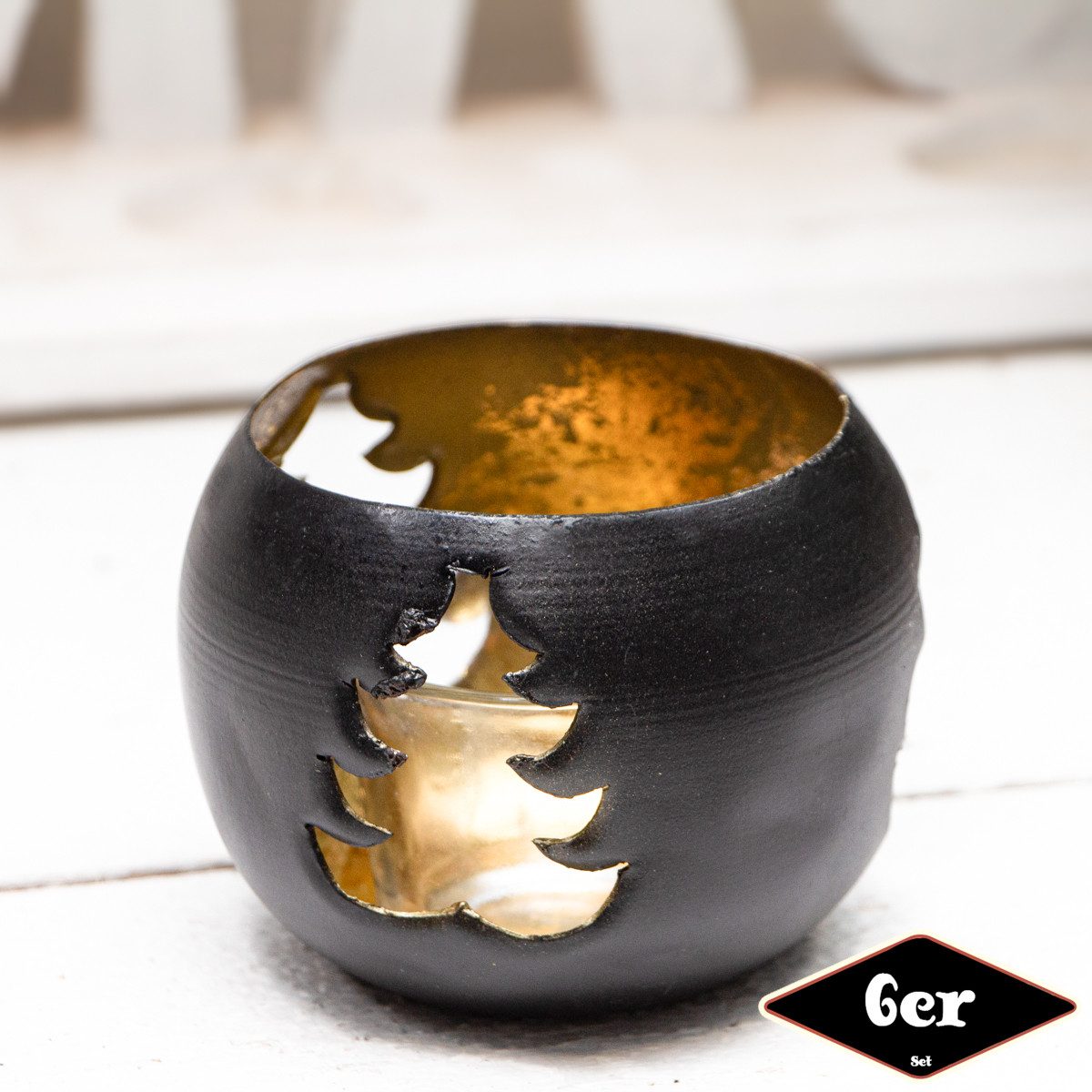 Antikas Weihnachtsfigur Teelichthalterset, Baum, 6er Set, Eisen, Schwarz, Gold, H8,0xB9,5 cm