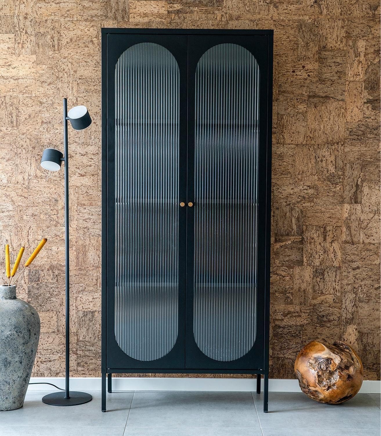 Holiday Heimtex Vitrine ADELAIDE, Schwarz, Stahl, mit geripptem Glas, B 80 x H 180 x T 35 cm