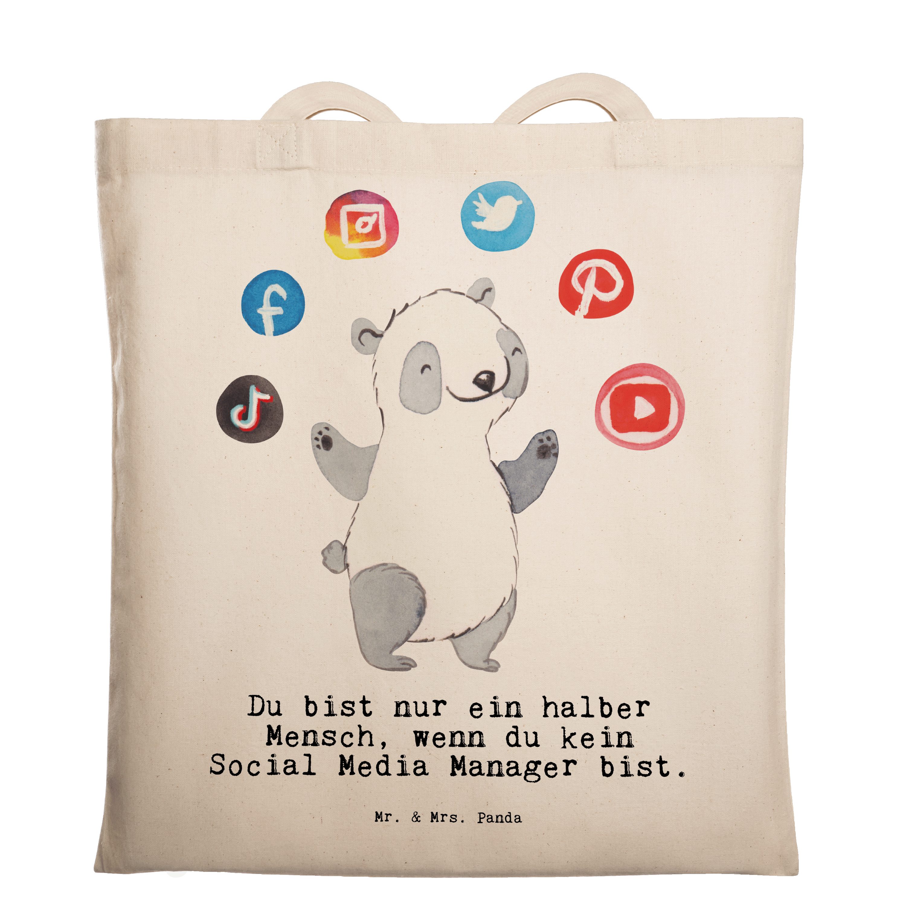 Mr. & Mrs. Panda Tragetasche Social Media Manager mit Herz - Transparent - Geschenk, Dankeschön, B (1-tlg) | Canvas-Taschen