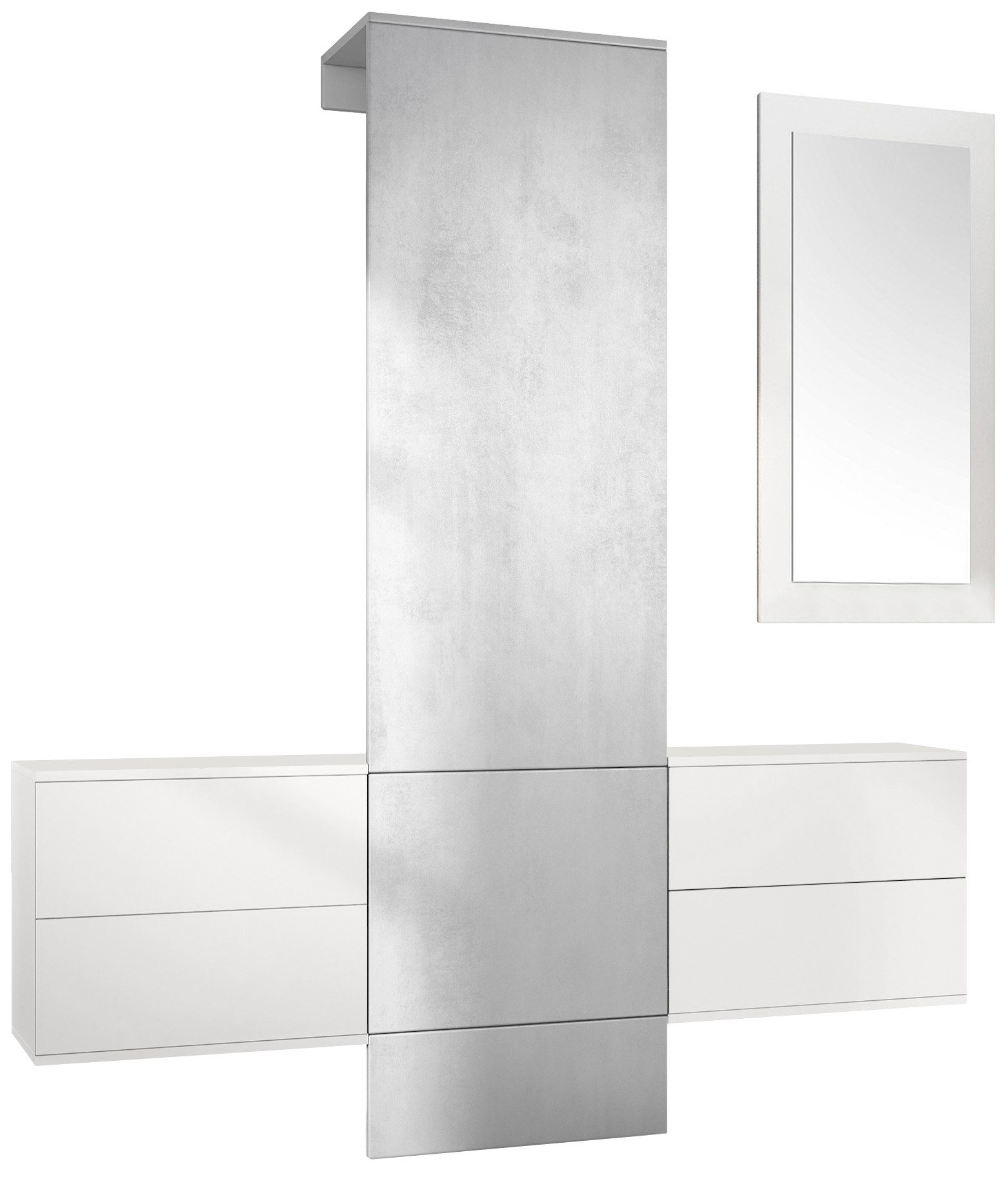 Vladon Garderoben-Set Carlton Set 3, (Wandgarderobe bestehend aus, ​ 1 Paneel, 2 Schubkastenschränke und 1 Wandspiegel), Weiß matt/Beton Oxid Optik (157 x 193 x 35 cm)