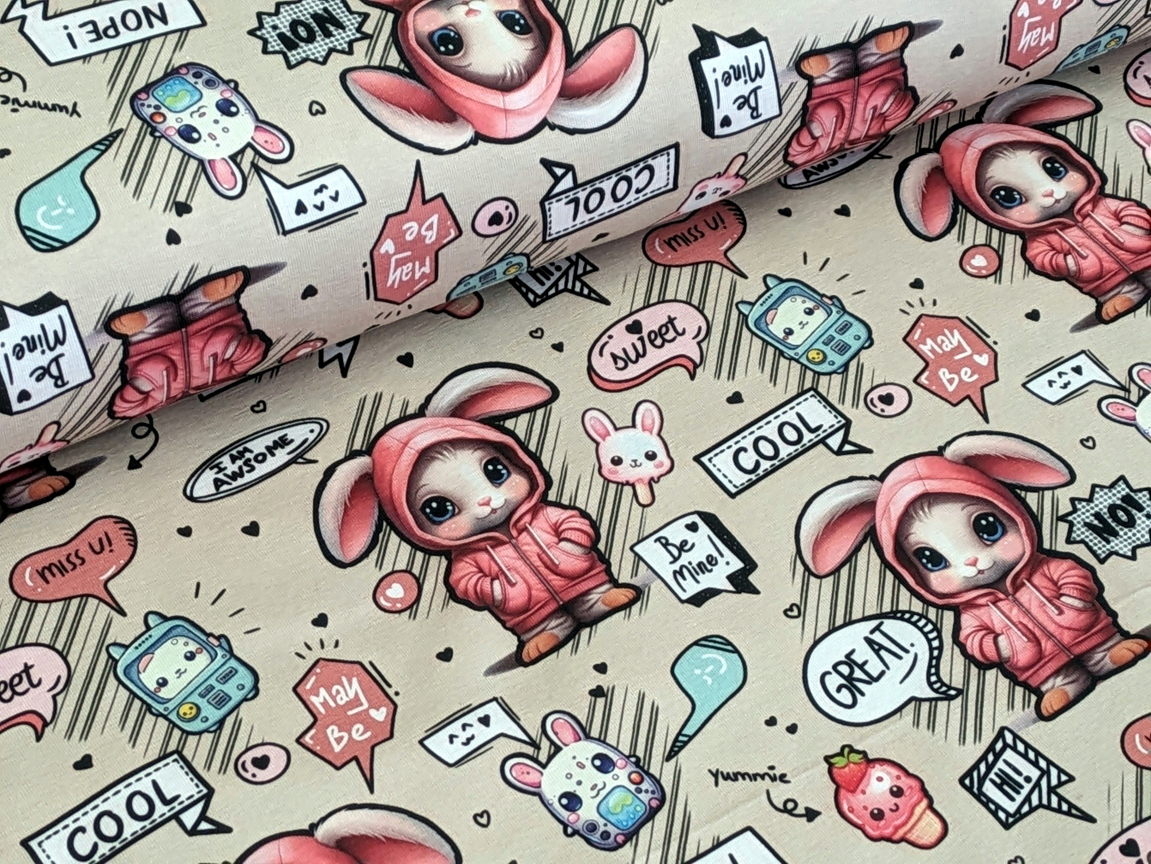 Corileo Stoff Eigenproduktion Baumwolljersey Sweet Hasengirl auf Beige