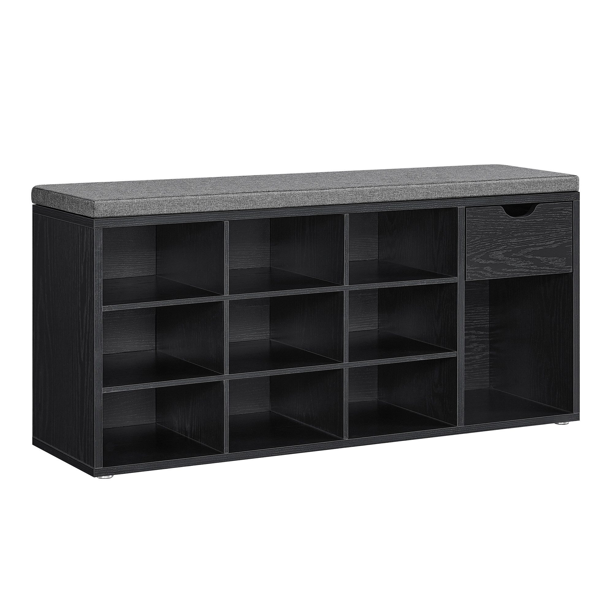 VASAGLE Schuhbank Schuhregal, Flur, Schlafzimmer und Eingangsbereich, 30 x 104 x 48 cm (1 Schublade, 10 offene Fächern), Sitzbank, gepolsterter Sitz, ebenholzschwarz-schiefergrau