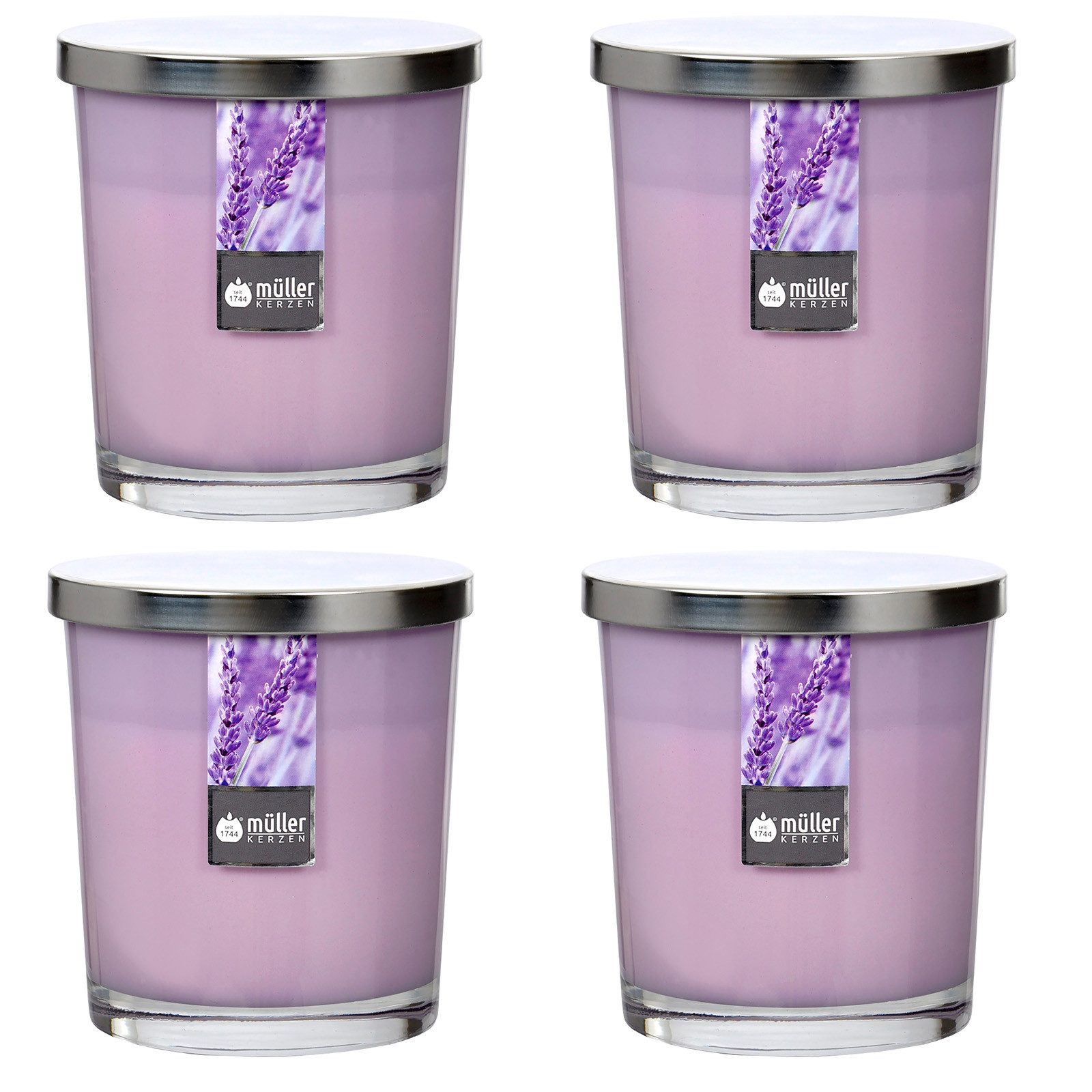 ECI Tools Duftkerze Maxi Duft-Kerzenglas 110/95 mm mit Deckel, Set 4 Stck Lavender Fields (4er Set, 4 Kerzen im Set), 45 h Brenndauer
