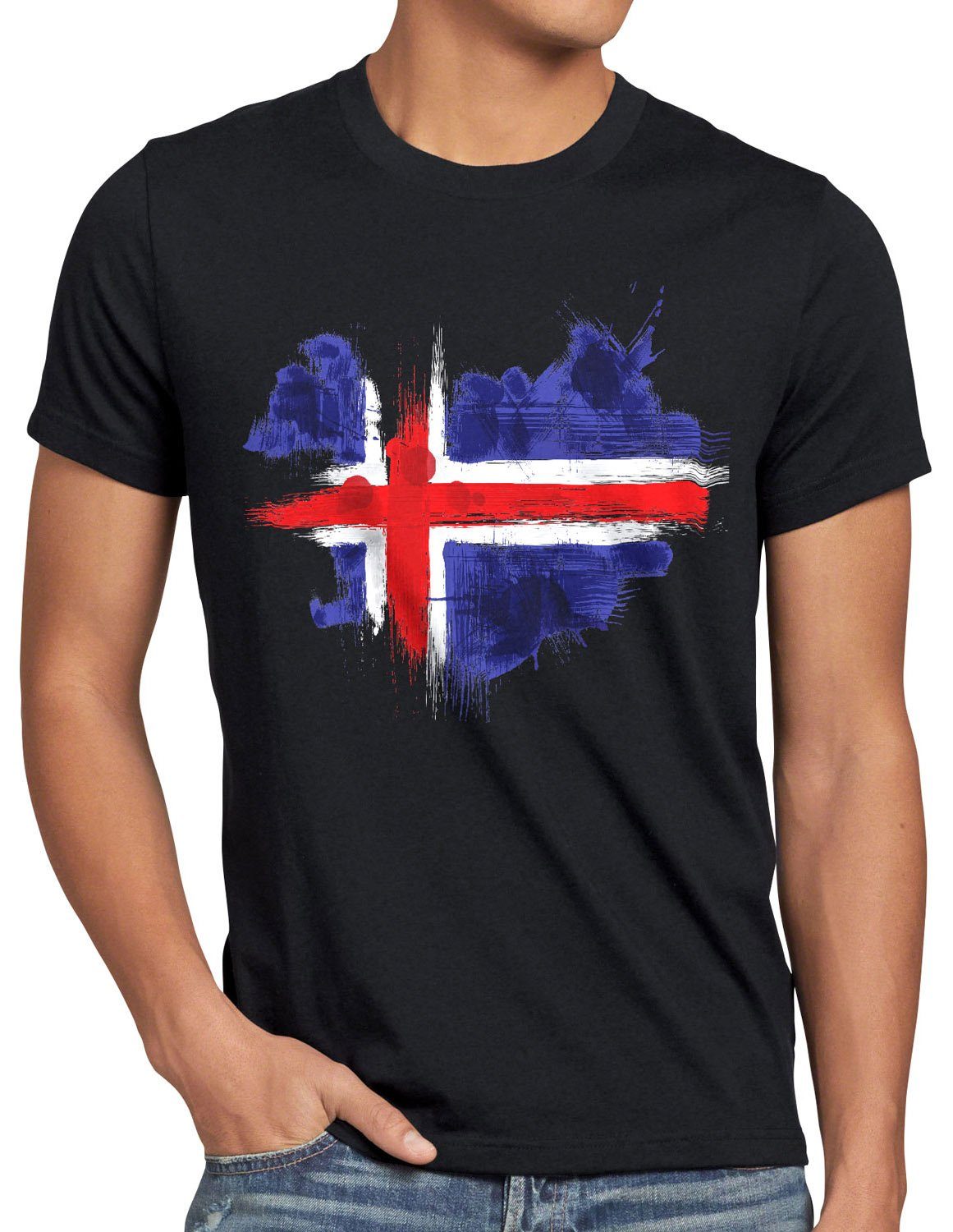 Herren schwarz Print-Shirt Flagge T-Shirt Sport Island WM Fußball Iceland style3 EM Fahne