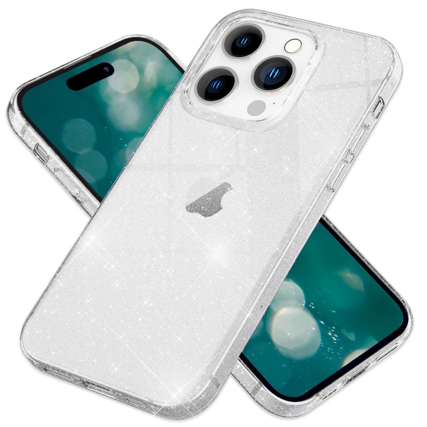 Nalia Smartphone-Hülle Apple iPhone 15 Pro 15,5 cm (6,1 Zoll), Klare Glitzer Hülle / Silikon Transparent / Glitter Cover / Bling Case