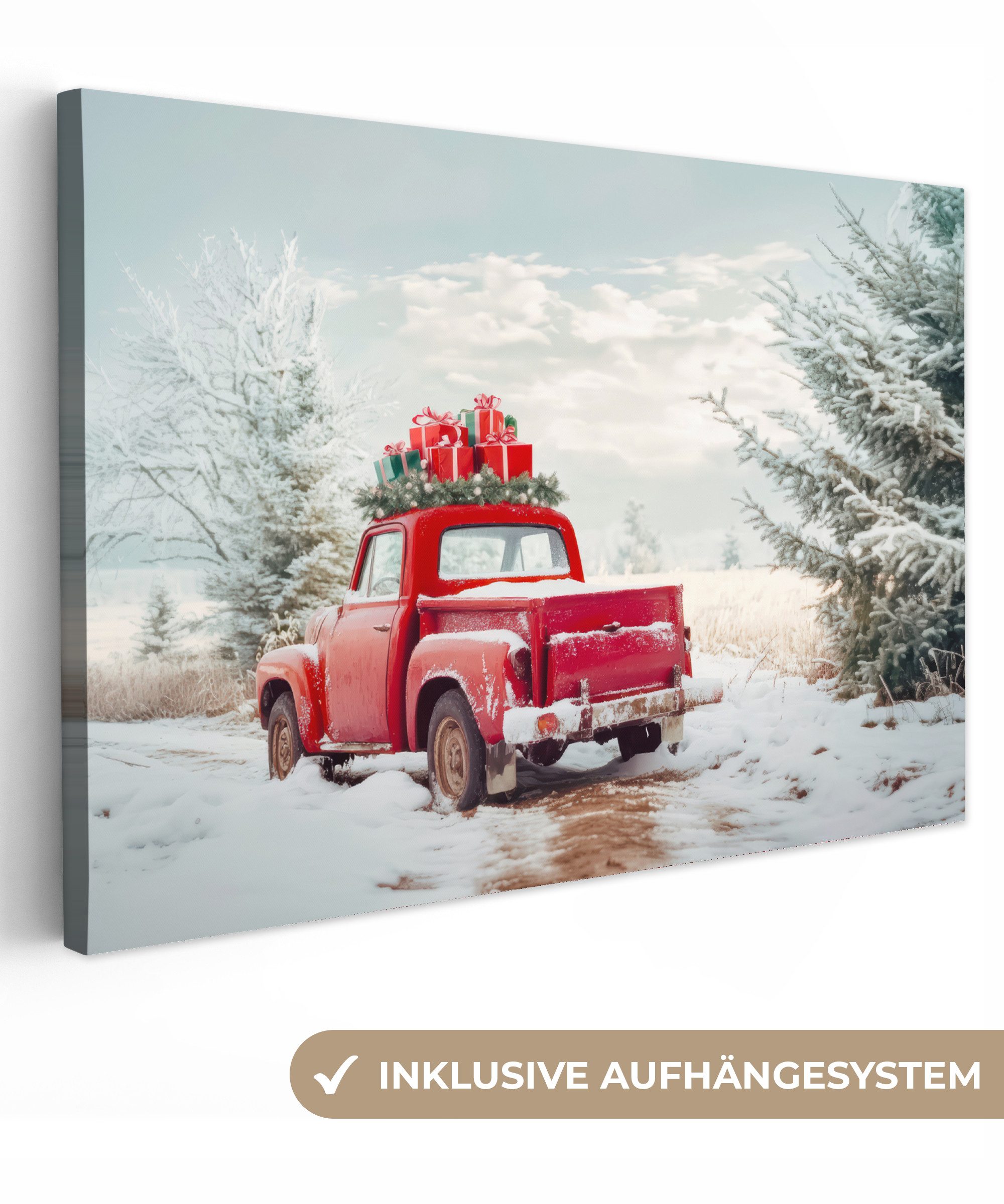 OneMillionCanvasses® Leinwandbild Auto - Rot - Geschenke - Winter - Schnee günstig online kaufen