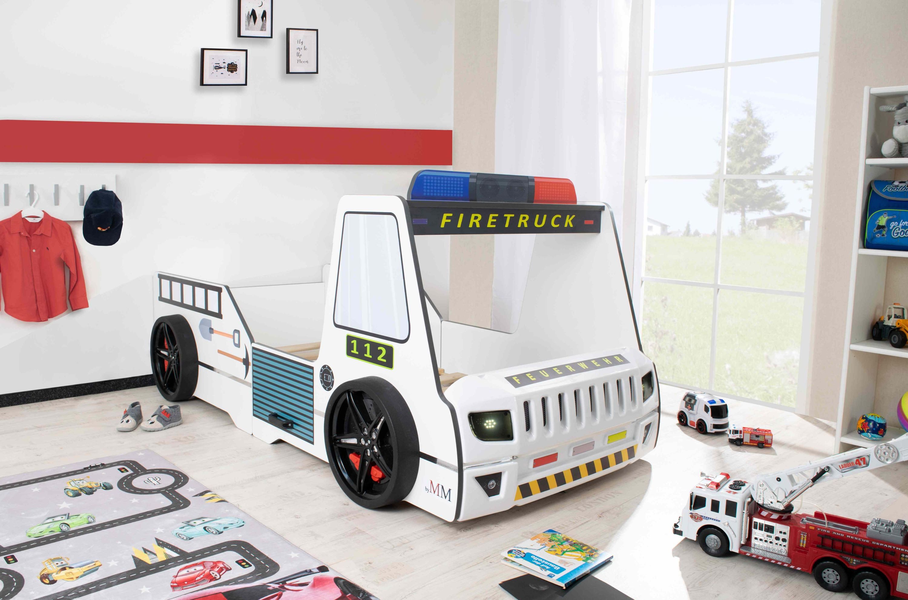 Aileenstore Autobett Rio (inkl. LED Licht und Lattenrost), Feuerwehrbett, 90x200 cm, LED Licht, Hochglanz, Lattenrost