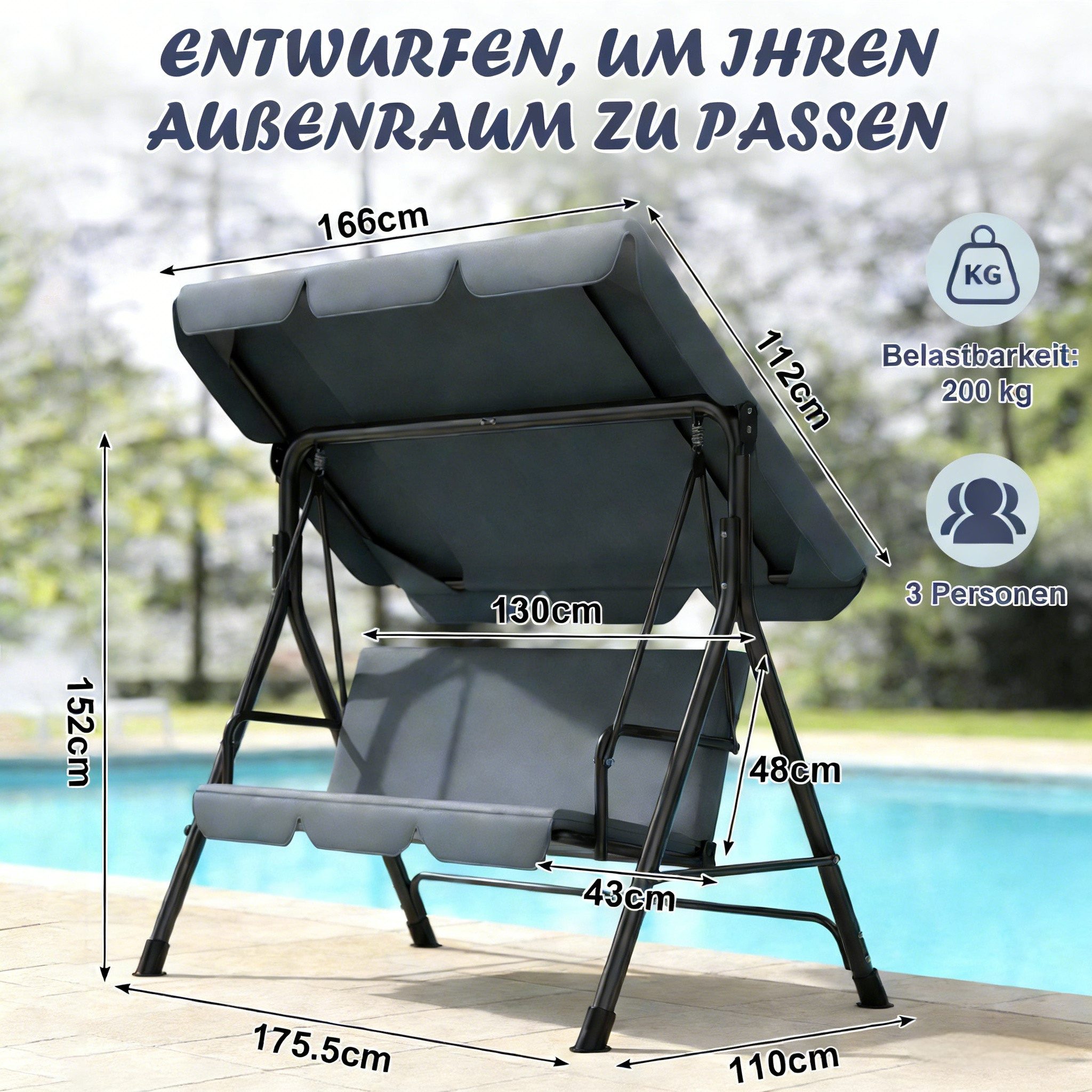 Huracan Hollywoodschaukel Schaukelbank mit Verstellbarem Sonnendach, 3-Sitzer, 175.5*110*152cm, bis 200 kg Tragfähigkeit, Ideal für Garten & Balkon