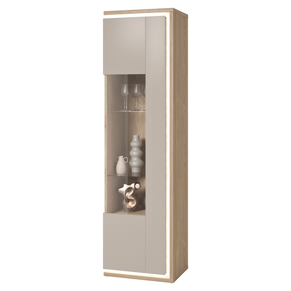 Lomadox Vitrine DRACHTEN-83 Vitrinenschrank Eiche kaschmir Modern 201cm hoch