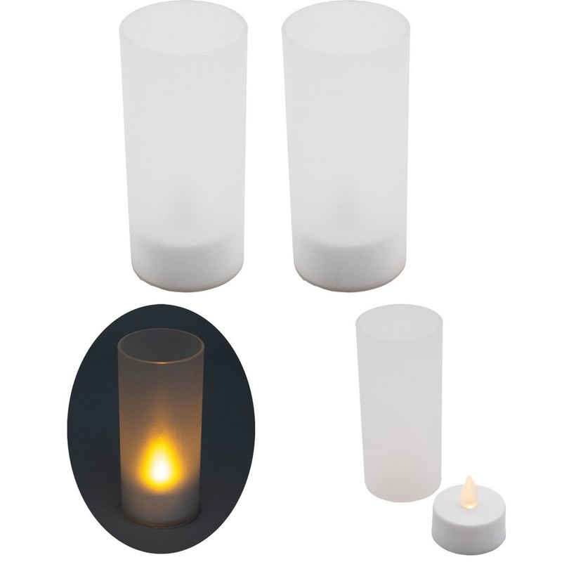 TSB Werk Teelicht LED Windlicht Teelicht Kerze Batterie Glas Timer (2-tlg), Warmweiß, Kerzenhalter, Flackernd