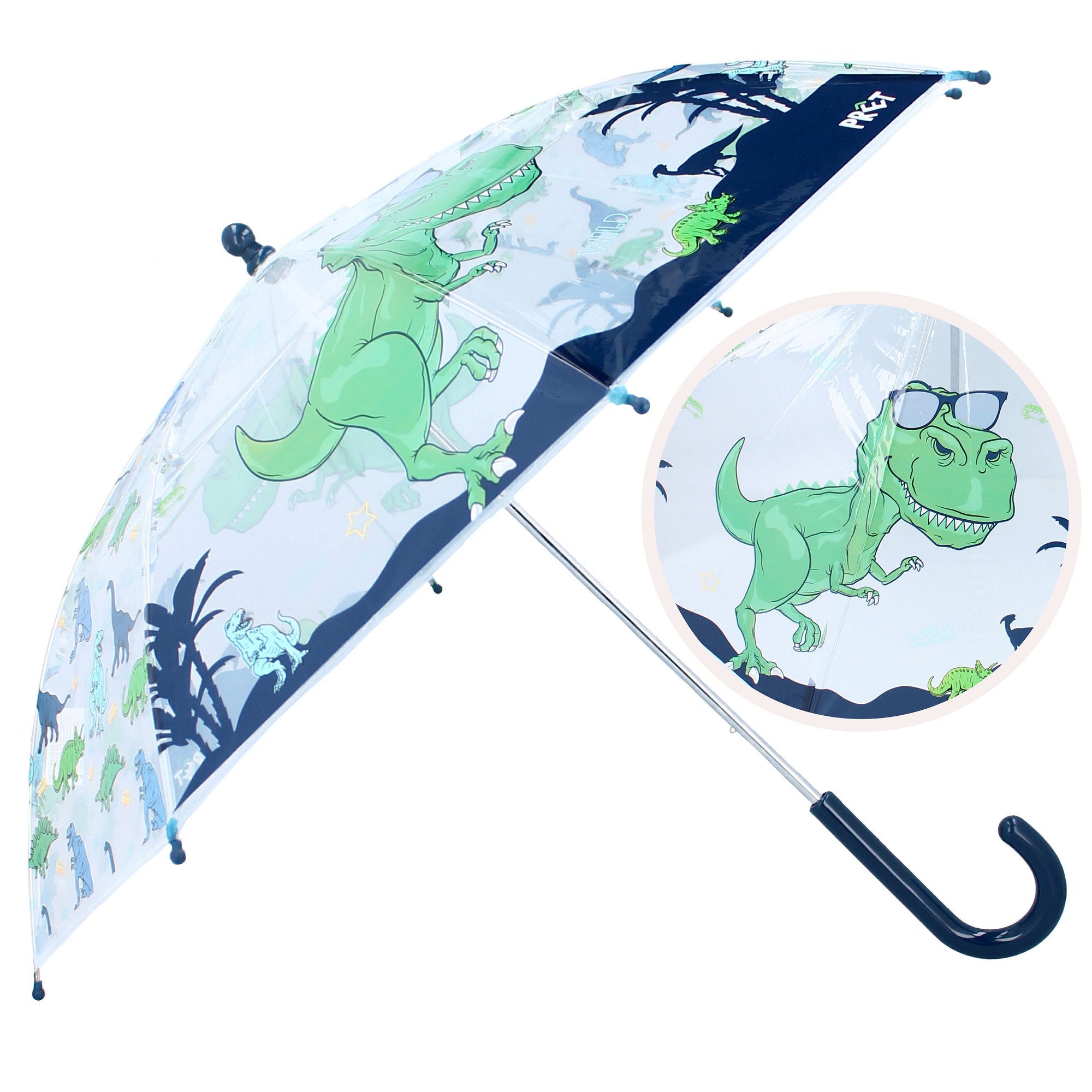Vadobag Regenschirm-Wanderstock Prêt Kinder-Regenschirm ⌀ 71 cm Dino-Design, blau & durchsichtig