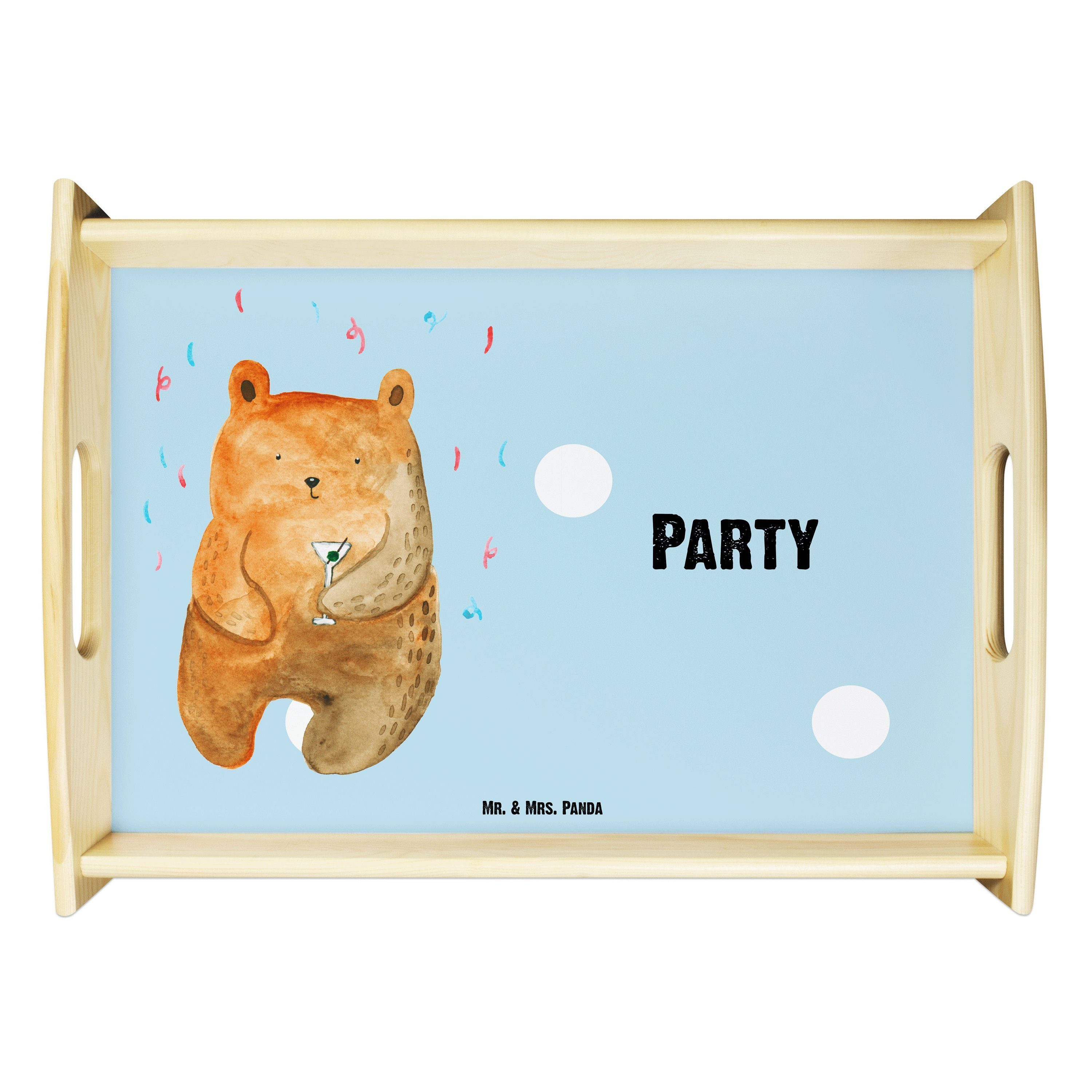 Tablett Mr. Party Bär Teddybär, Echtholz Blau - Panda Pastell Frühstü, - Feiern, Mrs. (1-tlg) & Teddy, lasiert, Geschenk,