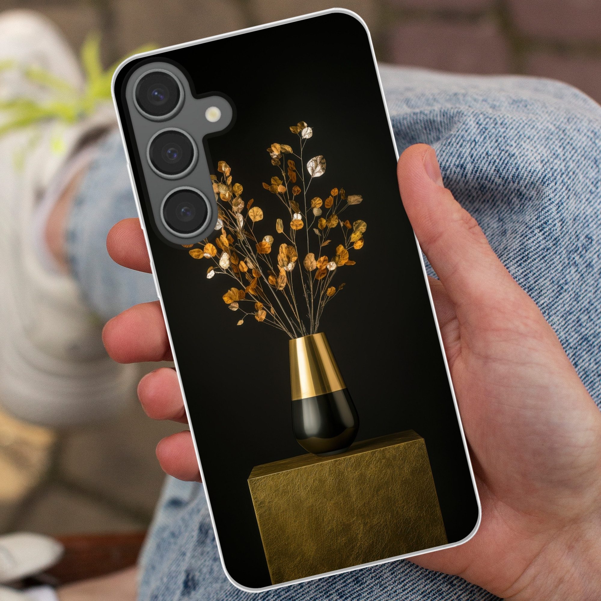 MuchoWow Handyhülle für Samsung Galaxy S24 Plus Goldbraun - Blätter - Vase - Herbstlich, Phone Case, Silikon, Schutzhülle Dünn