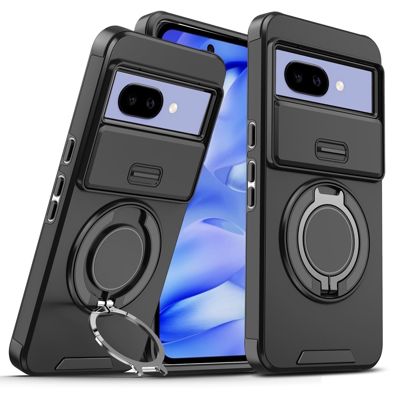Wigento Handyhülle Für Google Pixel 9a Sliding Kamera TPU PC Magnet Ring Hülle Schwarz, Schiebekameraabdeckung, Magnetischer Halter