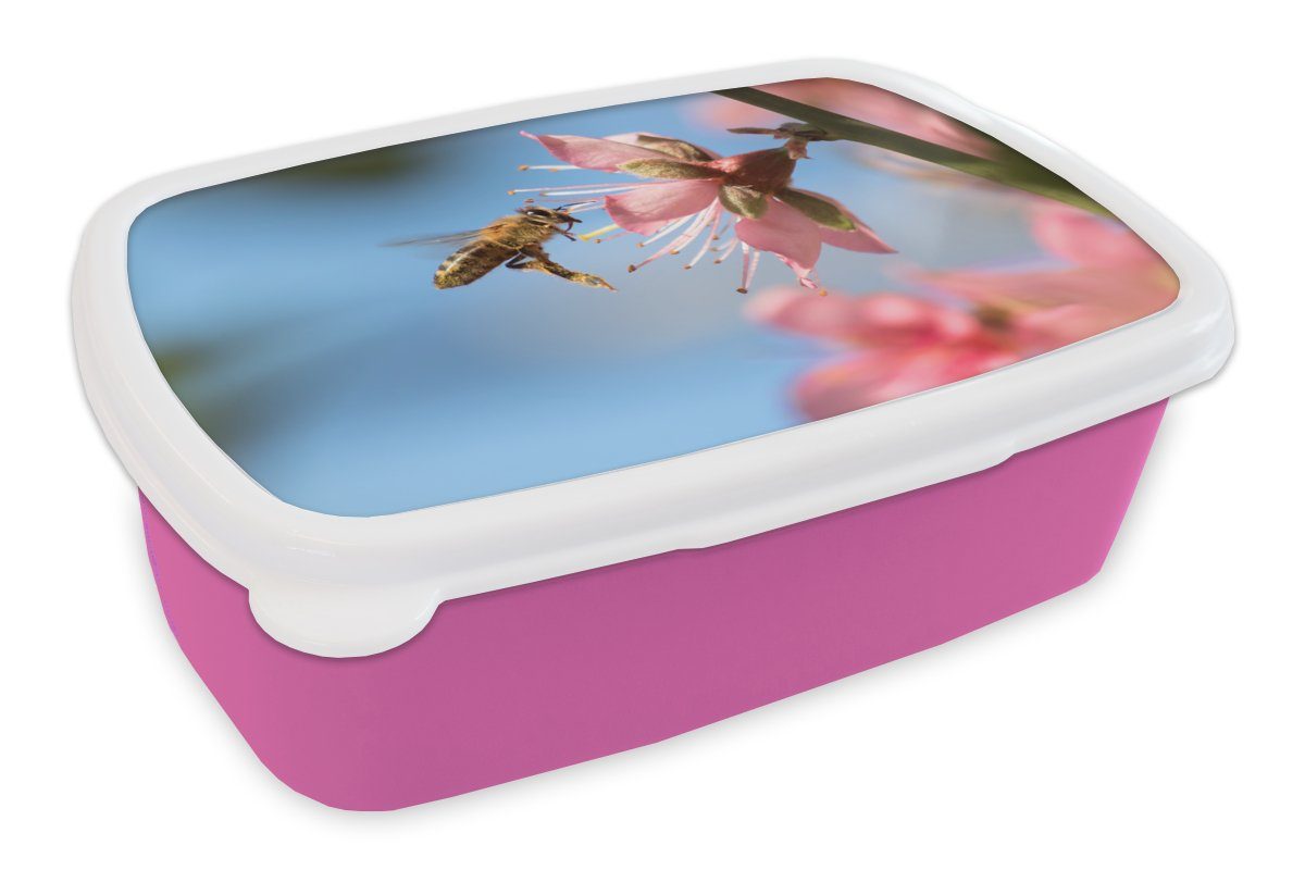 MuchoWow Lunchbox Biene - Blume - Rosa, Kunststoff, (2-tlg), Brotbox für Erwachsene, Brotdose Kinder, Snackbox, Mädchen, Kunststoff | Lunchboxen