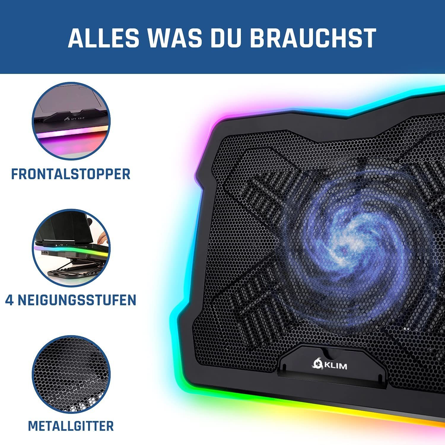 KLIM Notebook-Kühler Ultimate, Laptop Kühler mit RGB Beleuchtung, für 11 bis 17 Zoll Laptops