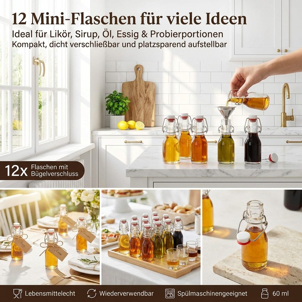 gouveo Trinkflasche Glasflaschen 60 ml mit Bügelverschluss rot - Mini Bügel-Flasche 0,06 l, Drahtbügelverschluss, luftdicht verschließbar, spülmaschinengeeignet