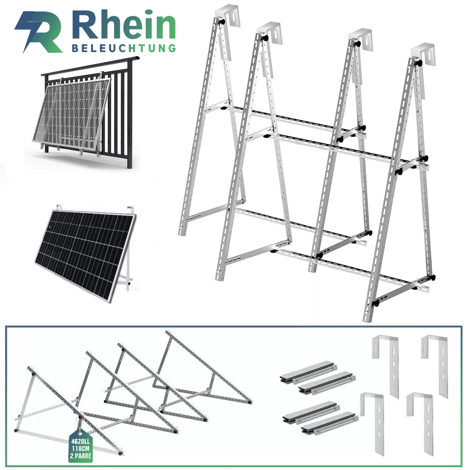 Rhein Beleuchtung Solarmodul-Halterung 118cm Verstärkte Solarpanel-Montagehalterung(mit Balkonhaken), (Edelstahl, Universelles Design, spart Balkonplatz, erhöht Solarertrag)
