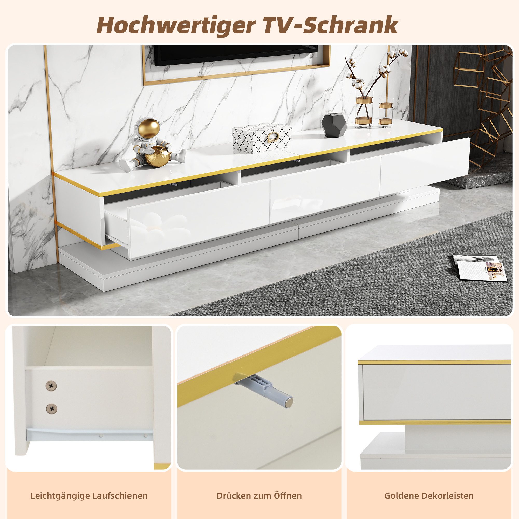 Odikalo Lowboard TV-Schrank TV-Bank mit Stauraum (Modernes TV-Lowboard mit 200x40x40cm, TV-Schrank Holz TV-Tisch - Wohnzimmer Schlafzimmer, Warmweißer TV-Tisch mit goldener Kante,Standfernsehschrank)