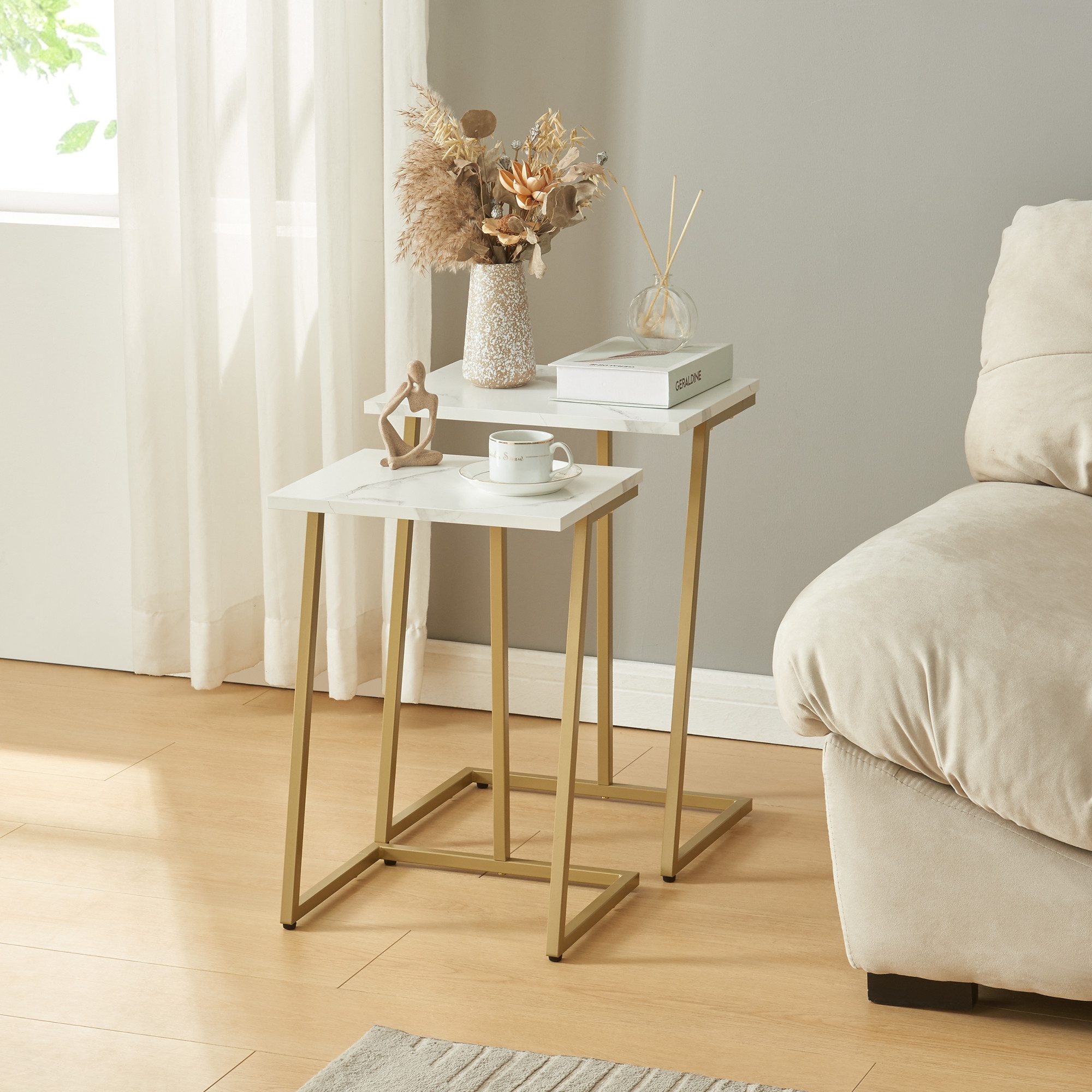 en.casa Satztisch, Beistelltisch »Salem« 2er Set Gold / Marmor, weiß günstig online kaufen