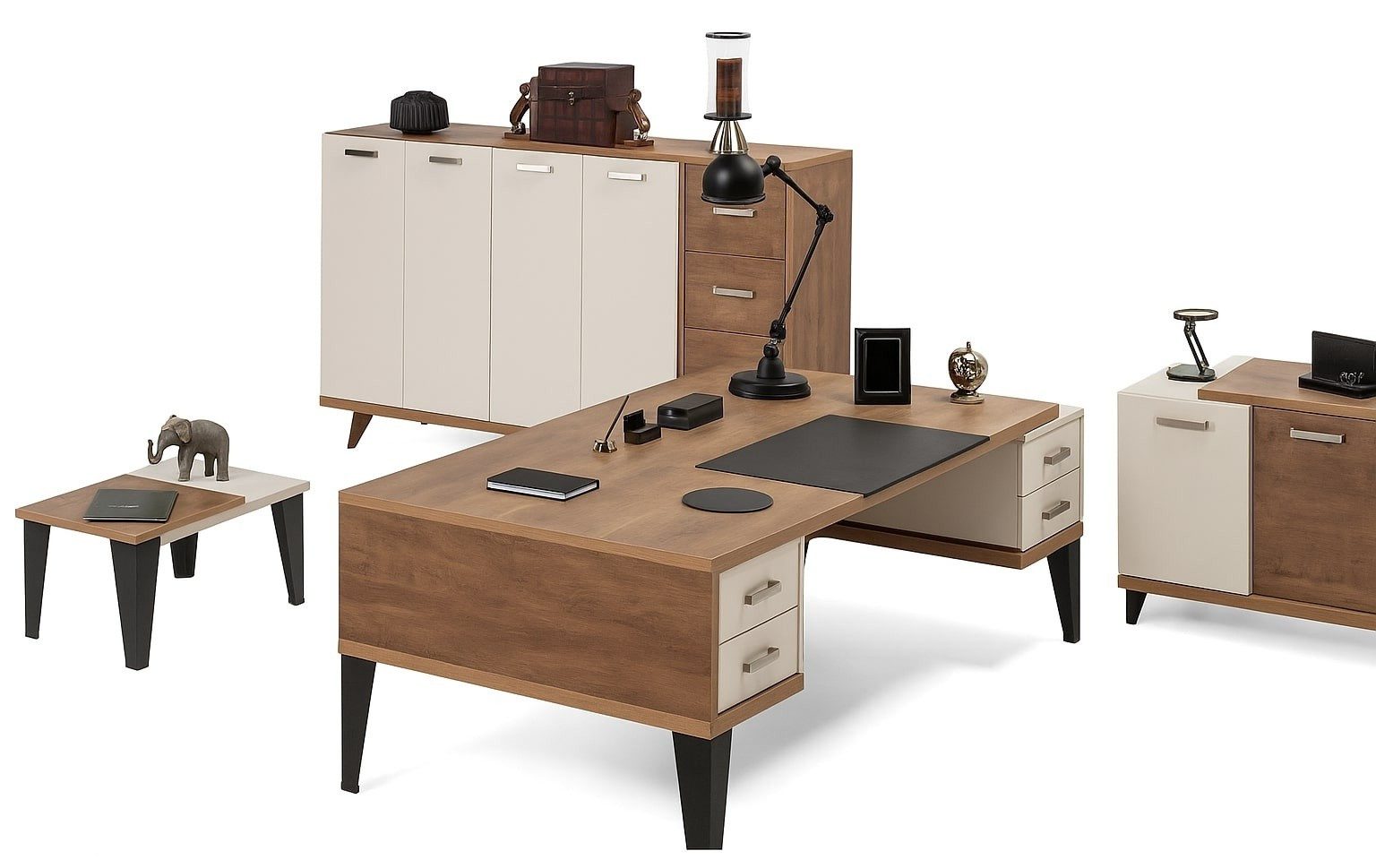 Xlmoebel Büromöbel-Set Moderne Bürogarnitur in Holzoptik mit Schreibtisch und Stauraum, (Set 4 tlg. (Schreibtisch+Couchtisch+Aktenschrank+Kommode), Hergestellt in Europa