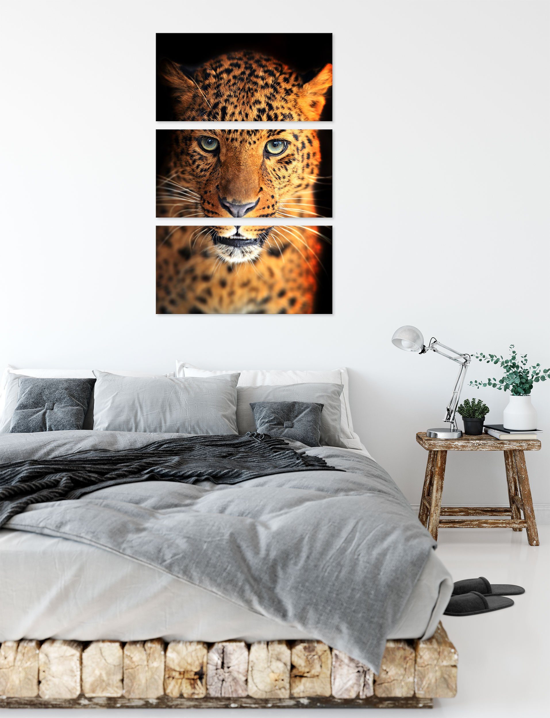 inkl. St), fertig (120x80cm) (1 3Teiler Leinwandbild Leinwandbild Leopard Zackenaufhänger Stolzer Leopard, bespannt, Stolzer Pixxprint