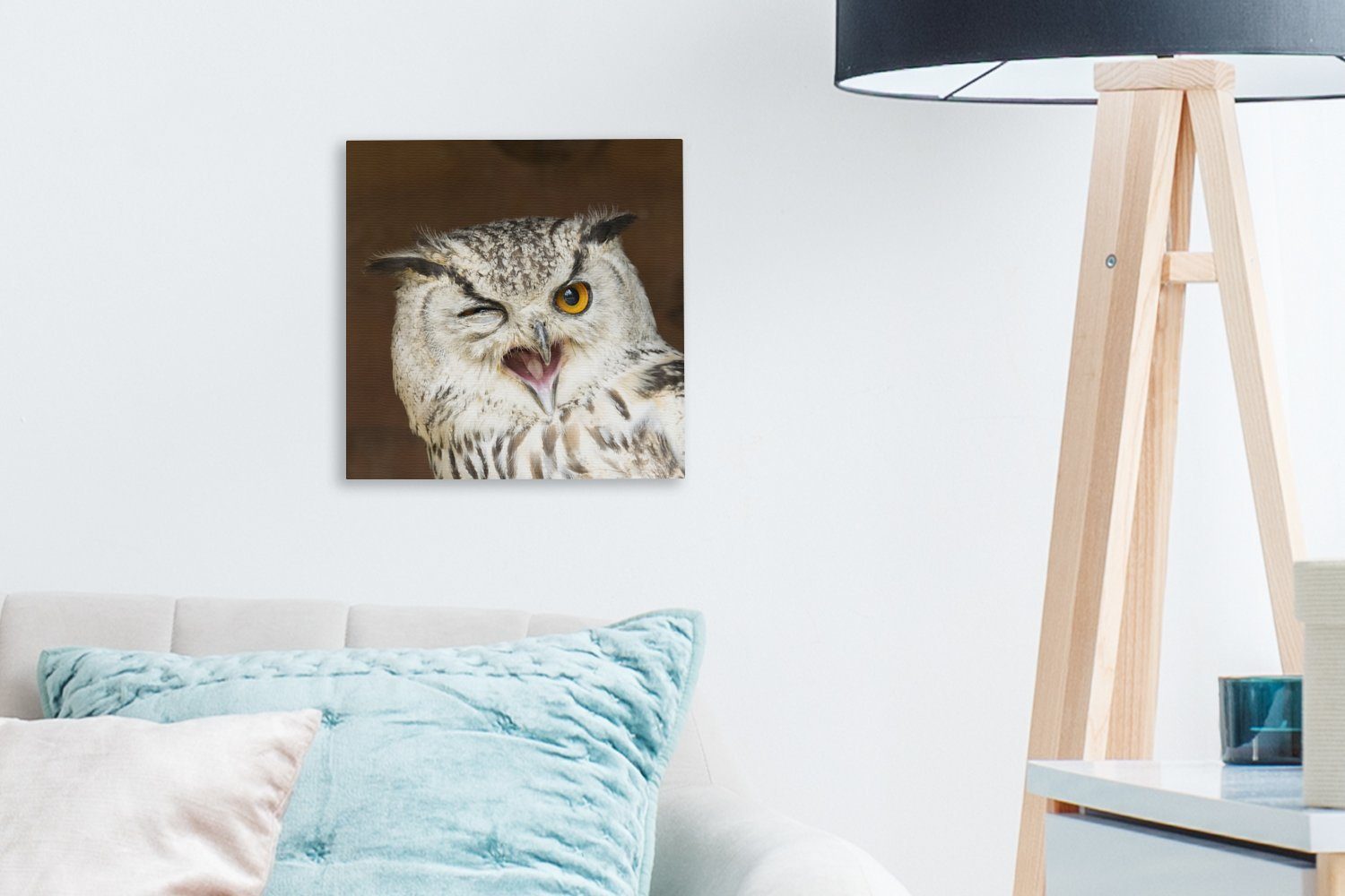 OneMillionCanvasses® Leinwandbild Diese braune Leinwand Wohnzimmer Eule für (1 Kamera der zwinkert St), Schlafzimmer zu, Bilder
