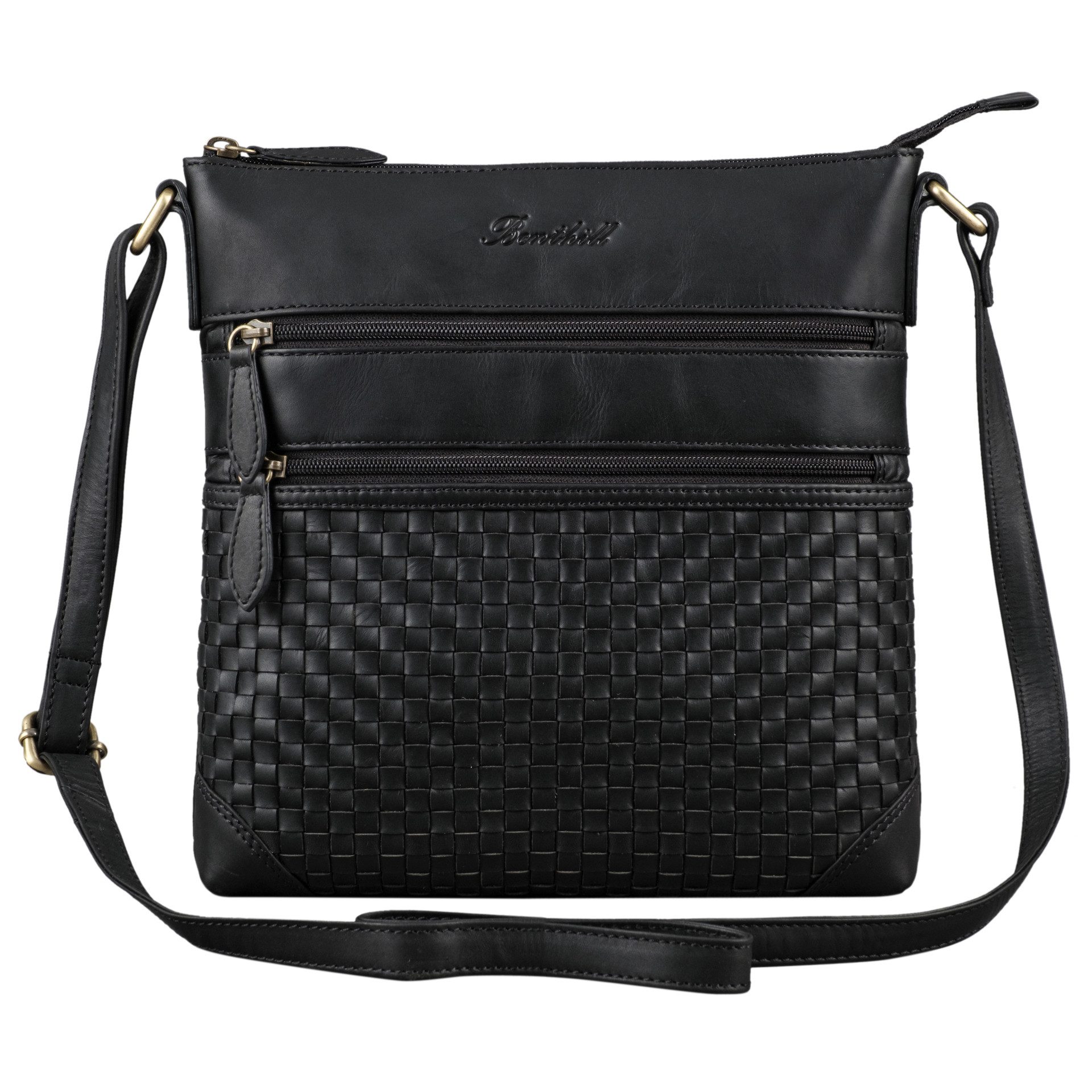 Benthill Umhängetasche Damen Echt Leder Schultertasche Vintage Handtasche geflochtenem Muster, Schultergurt / Umhängegurt Reißverschlussfach – Bild 2 von 5