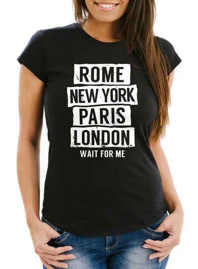 MoonWorks Print-Shirt Damen T-Shirt Rome New York Paris London Wait for me Slim Fit Moonworks® mit Print