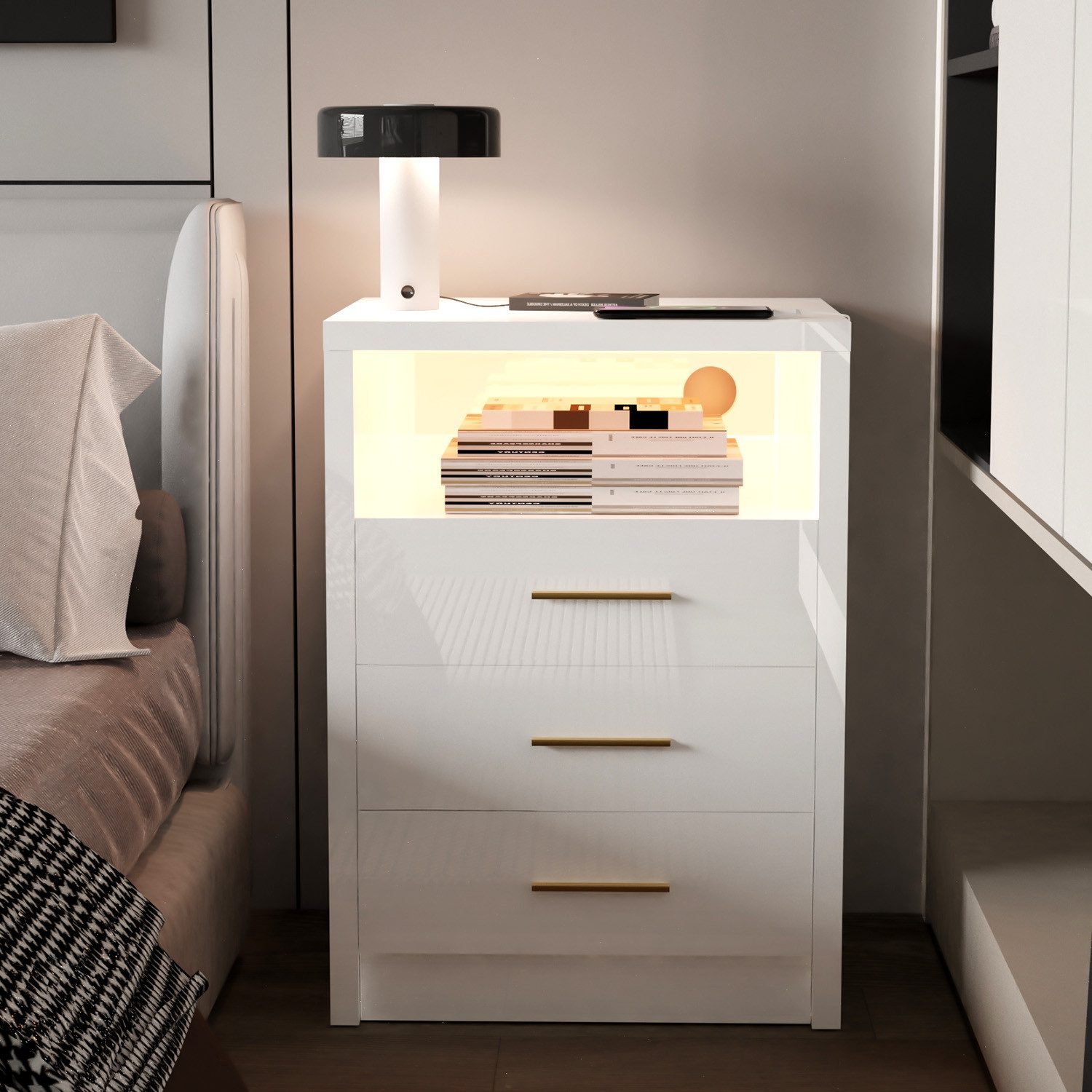 oyajia Nachttisch Hochglanz Nachttische mit LED-Licht, günstig online kaufen