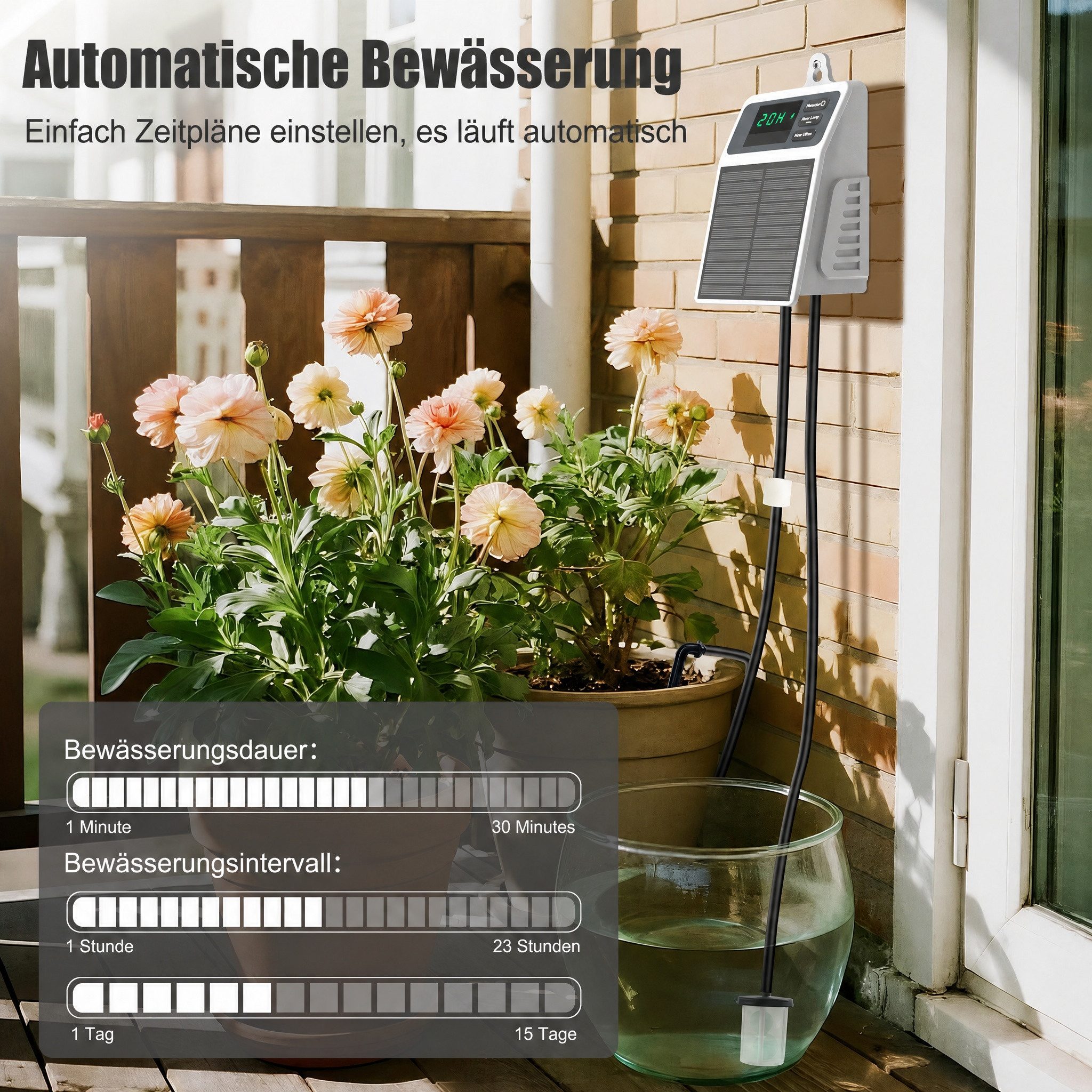 Blossom Bewässerungssystem Solar Bewässerungssystem Tropfbewässerung Set Automatisch, Akku, USB-C, (15 Tropfern, 10 m Schlauch, 30 Bewässerungsmodi), Gartenbewässerung für Balkon, Hochbeet & Gewächshaus