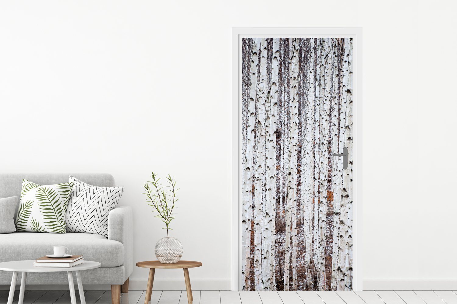 Türtapete in Matt, St), schwarze cm Tür, einem bedruckt, MuchoWow Türaufkleber, weiße 75x205 für Mehrere Wald, und (1 Fototapete Baumstämme