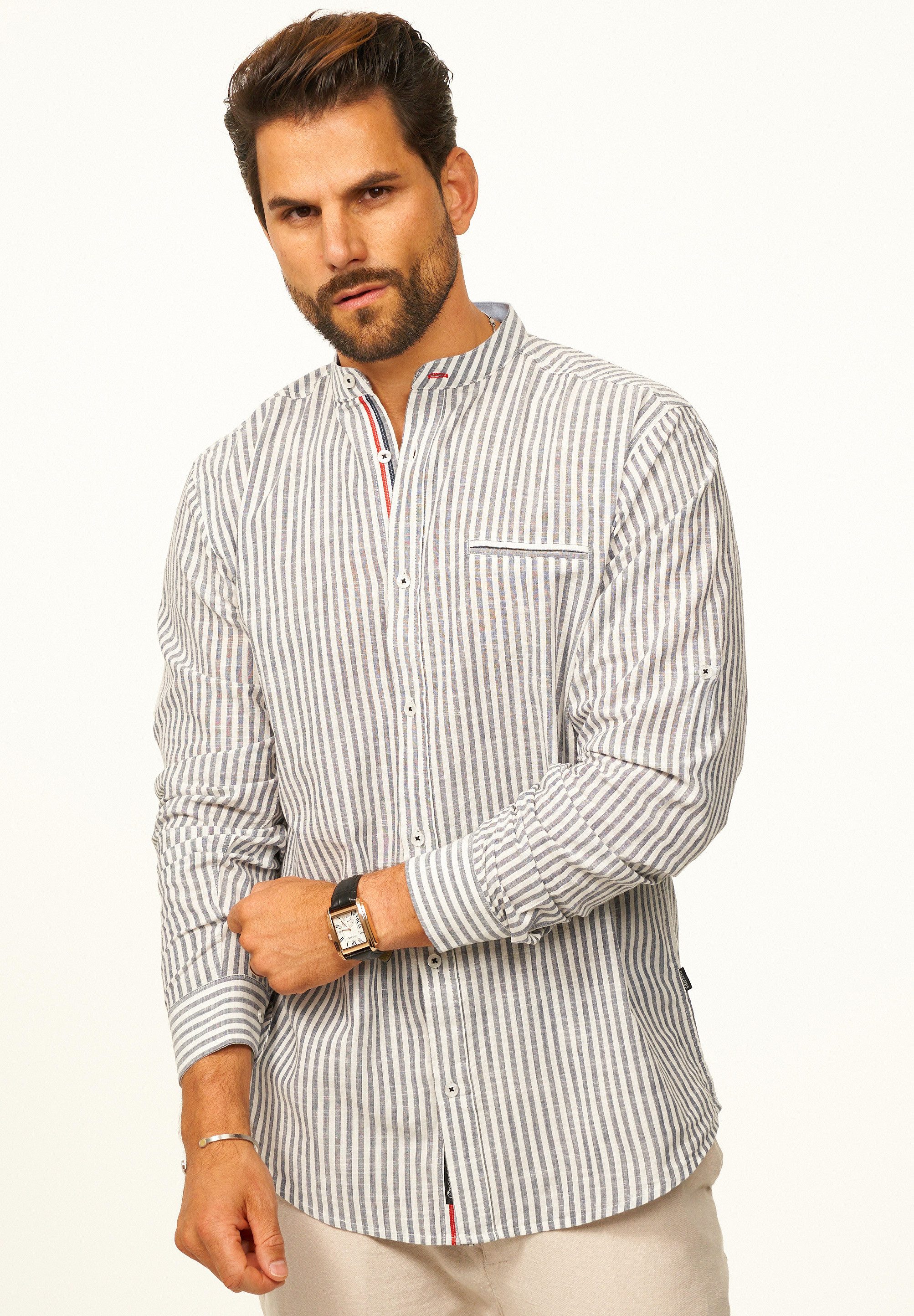 behype Langarmhemd Gestreift im Regular-Fit mit Stehkragen Herren Sommerhem günstig online kaufen