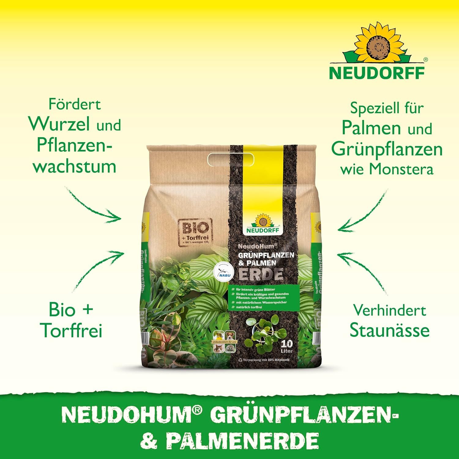 Neudorff Pflanzerde NeudoHum Grünpflanzen- & PalmenErde 10 L, (Einzelartikel), Torffreie Spezialerde für Grünpflanzen und Palmen.
