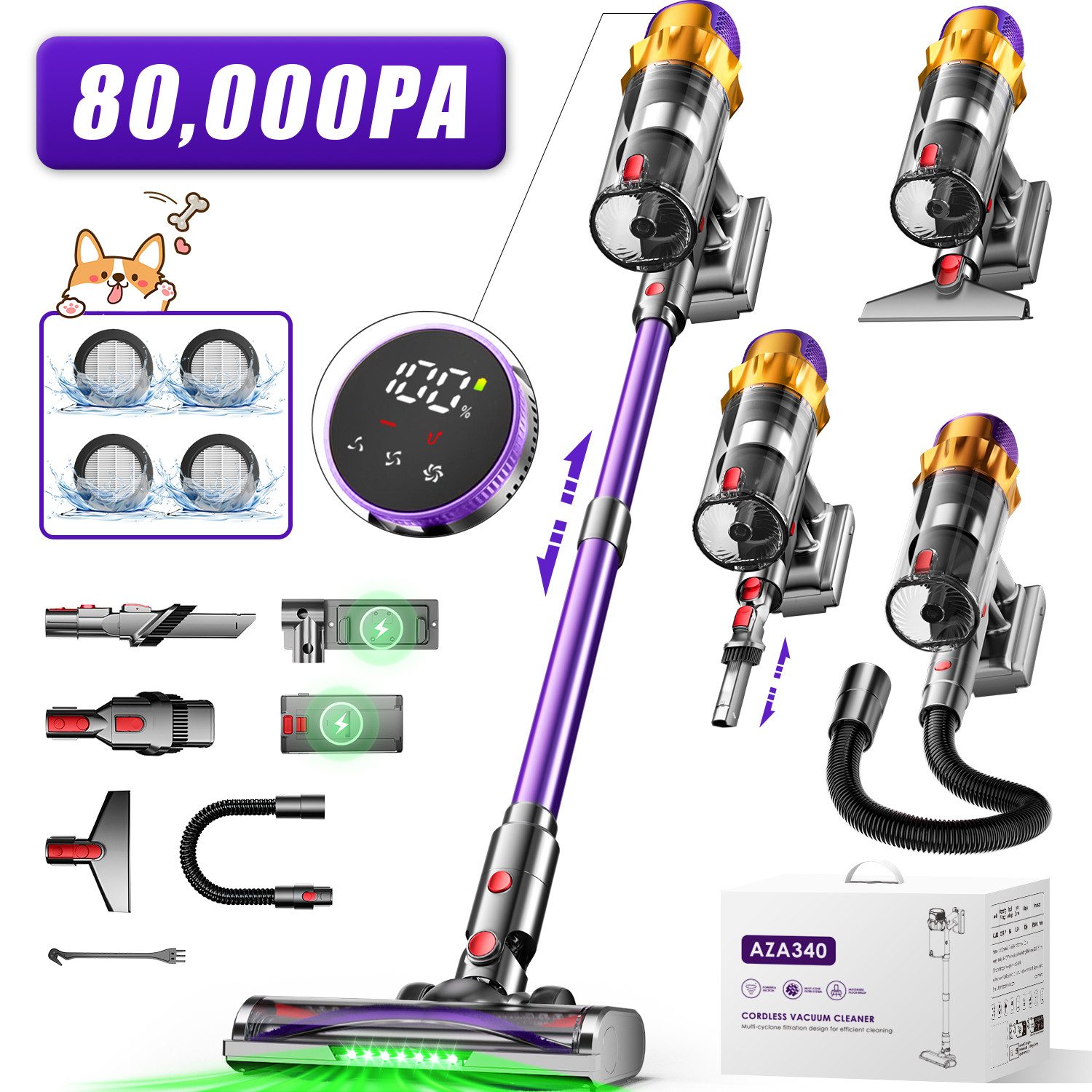 Hiazurm Akku-Hand-und Stielstaubsauger Akku Staubsauger, Staubsauger Kabellos 80000Pa/70Min/2L, Vielseitiger Akkusauger für Teppich, Hartboden, Tierhaare, HEPA*4, Akkustaubsauger LED-Licht Bürste für Teppiche, Mit LED Display