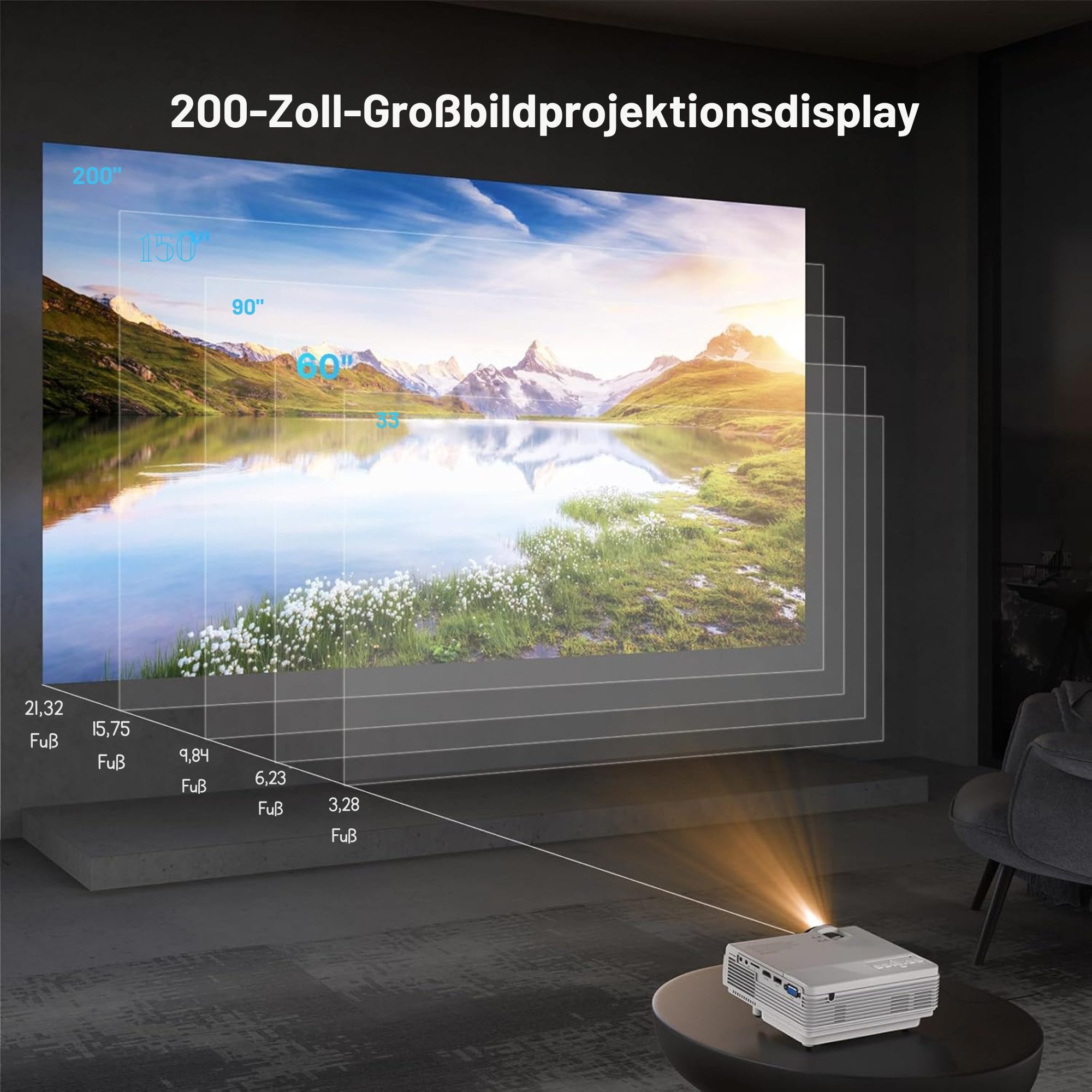 Vivitar Projektor Beamer 10000 Lumen, native 1080P Full HD Auflösung LED-Beamer (10000 lm, 10.000:1 Kontrast, HDMI, USB, Audioanschluss, integrierte HiFi-Lautsp – Bild 4 von 5