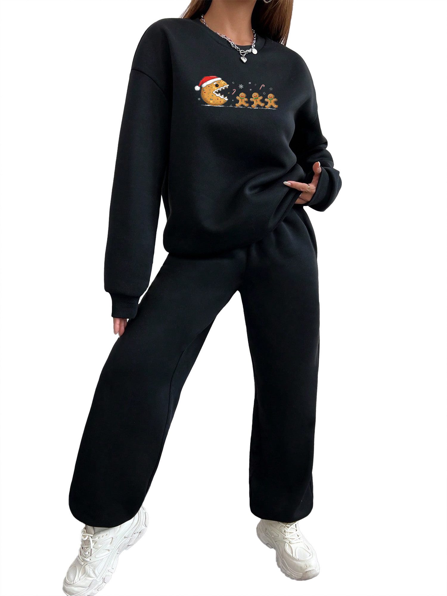 Jogginganzug 2-teiliges Damen Trainingsanzug: Rundhals Print Sweatshirt & Jogger