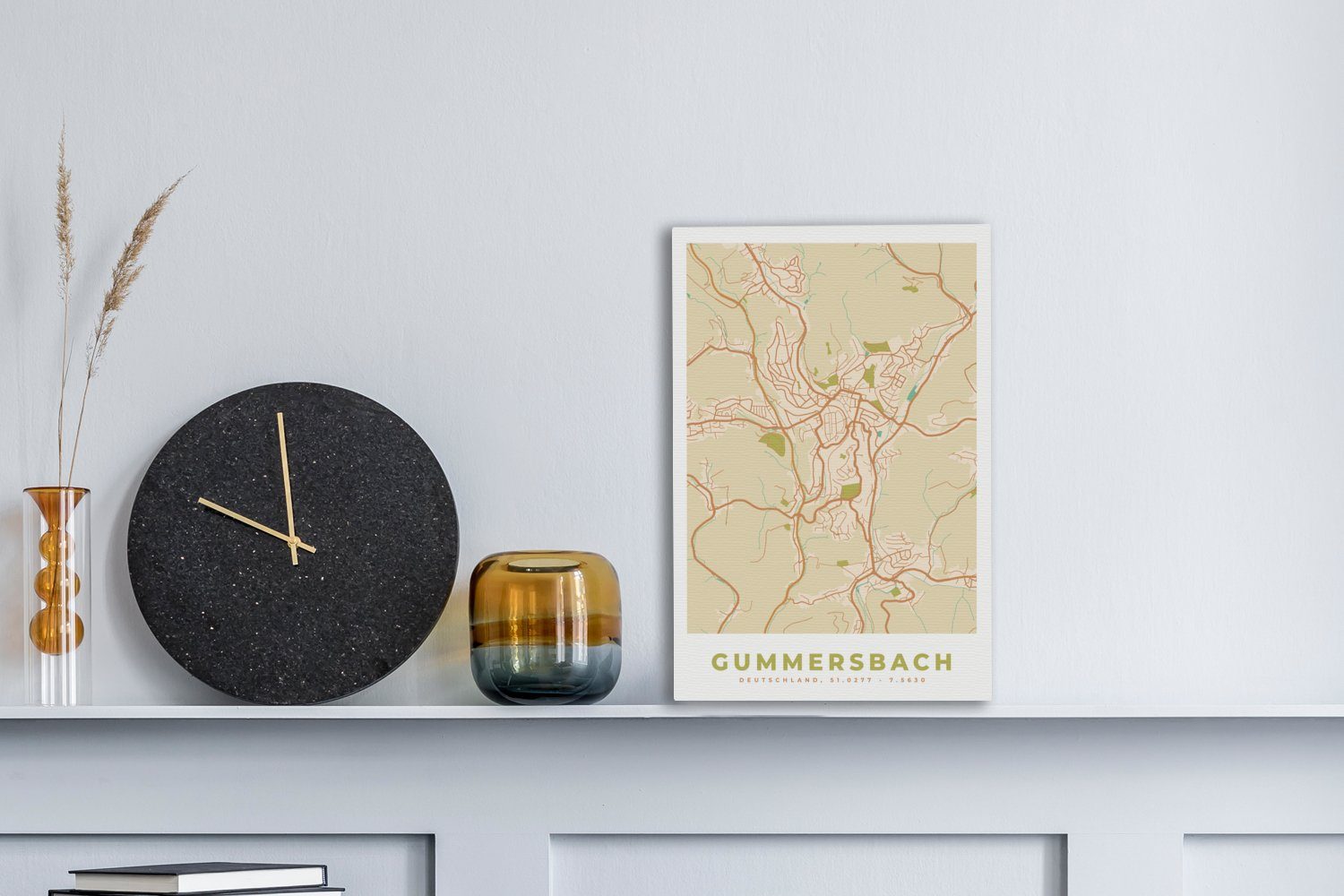 OneMillionCanvasses® Leinwandbild Stadtplan - Gummersbach Vintage, 20x30 cm St), - - Zackenaufhänger, (1 Leinwandbild Stadtplan inkl. Gemälde, fertig bespannt