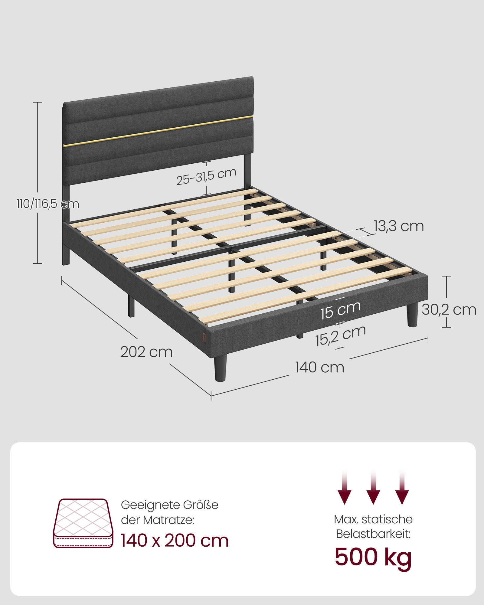 VASAGLE Polsterbett Doppelbettgestell verstellbares gepolstertes Kopfteil (140 x 200 cm, geräuscharm, mit Lattenrost und verstellbarem Kopfteil), Massivholz, mo – Bild 5 von 5