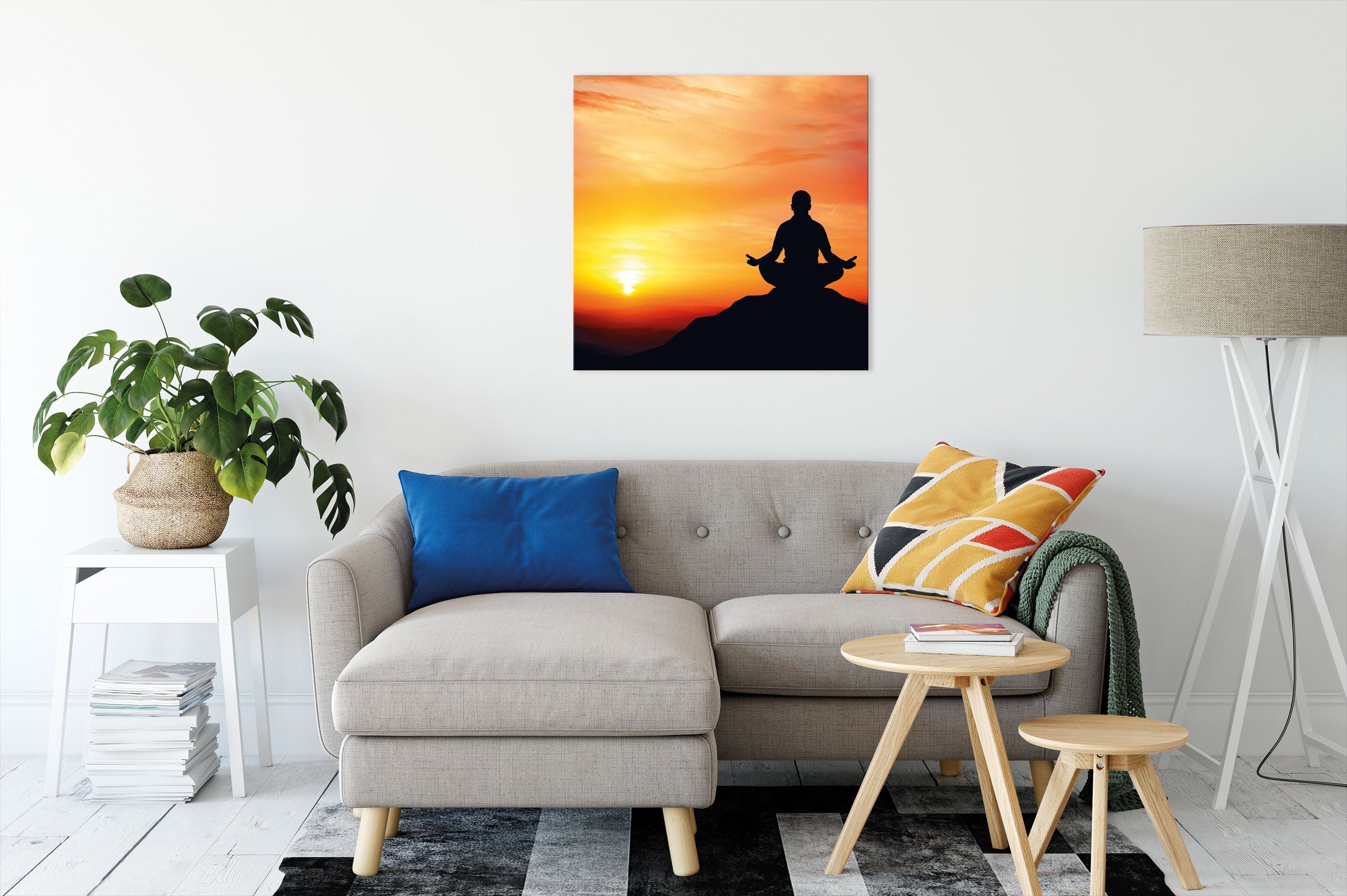 Meditation im Sonnenuntergang bespannt, Leinwandbild inkl. Pixxprint Meditation (1 im Leinwandbild Zackenaufhänger fertig Sonnenuntergang, St),