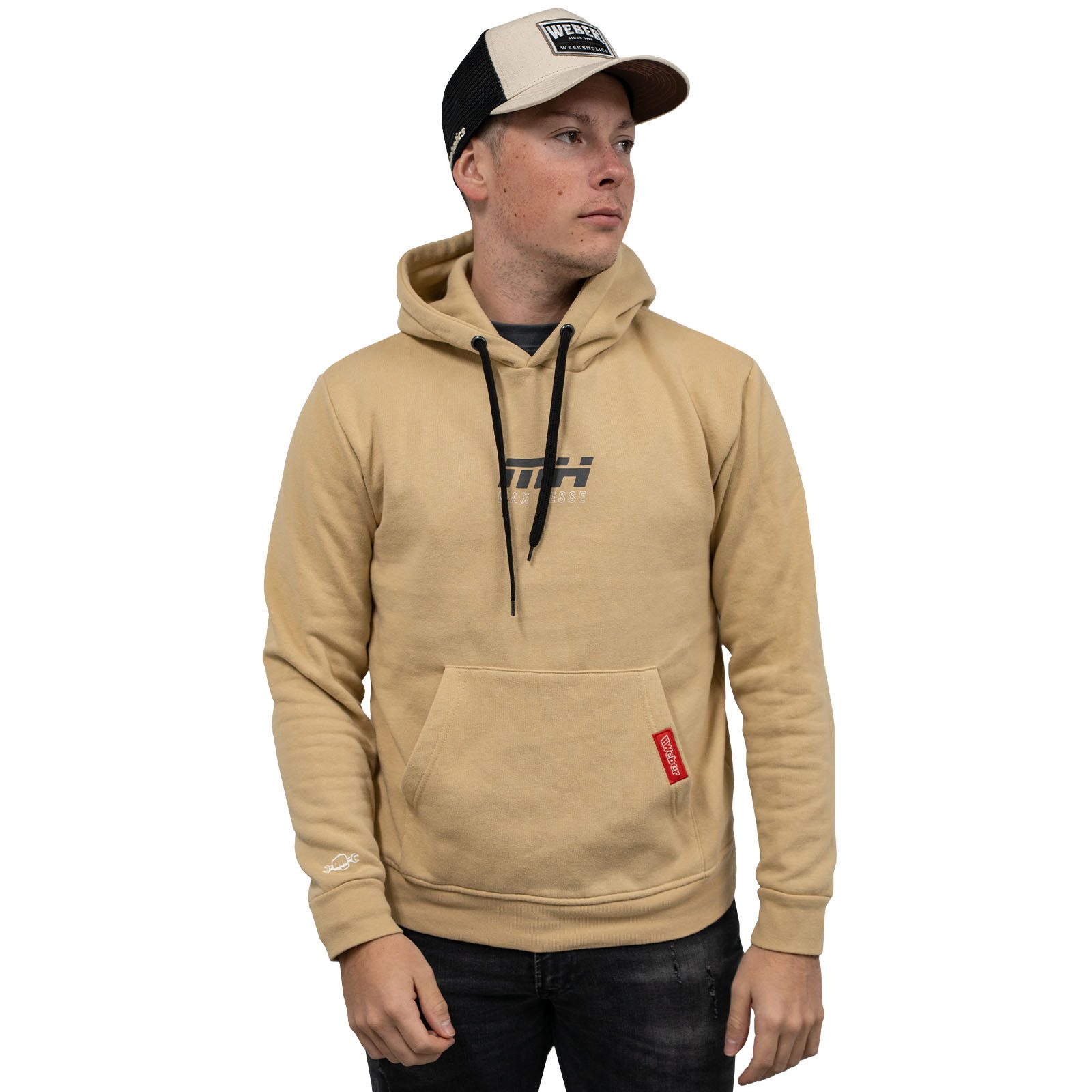 Weber GmbH Hoodie Max Hesse Kapuzenpullover beige Motorsport Streetwear 100% Baumwolle, mit Front- & Backprint, Kängurutasche